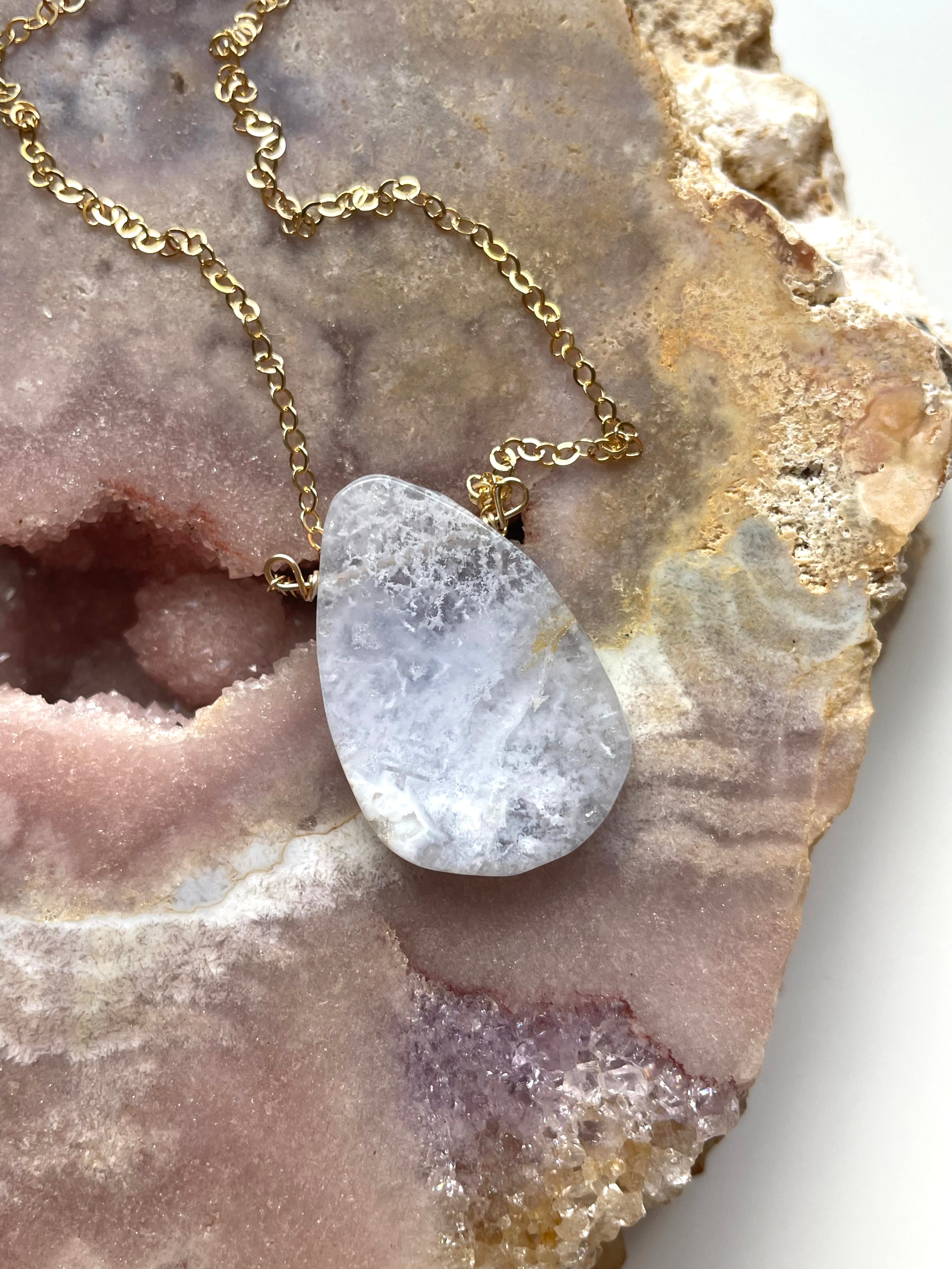 Blue Lace Agate Pendant Necklace - Natural Stone Jewelry for Women - Healing Crystal Gift for Meditation & Spiritual Protection