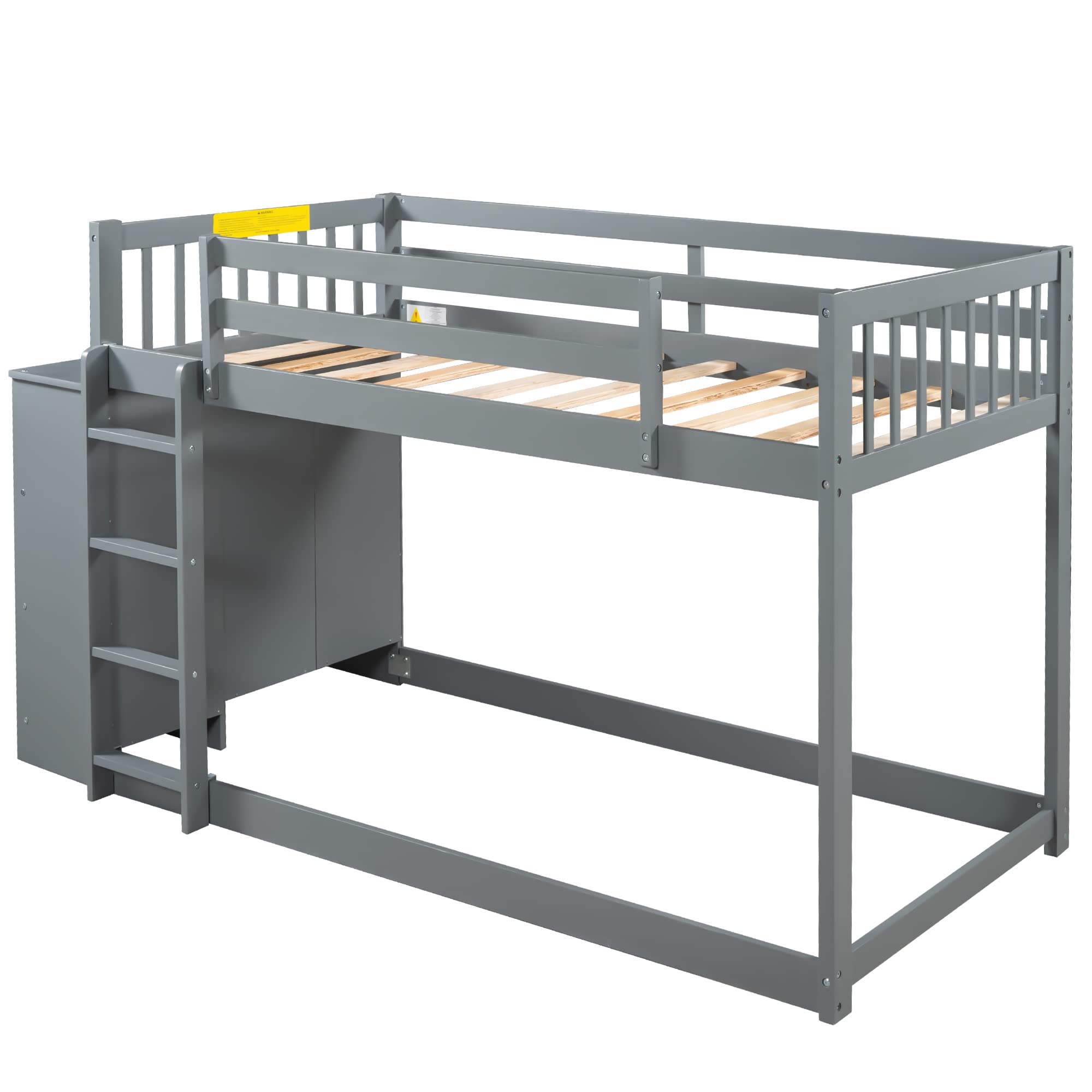 Twin Over Twin Solid Wood Bunk Bed with Cabinet & Shelves - Low Loft Bed Frame with Ladder & Guardrails for Kids, Teens & Adults - Multi-Functional Storage Space (Gray) - Perfect for Small Bedrooms, Dorms & Guest Rooms