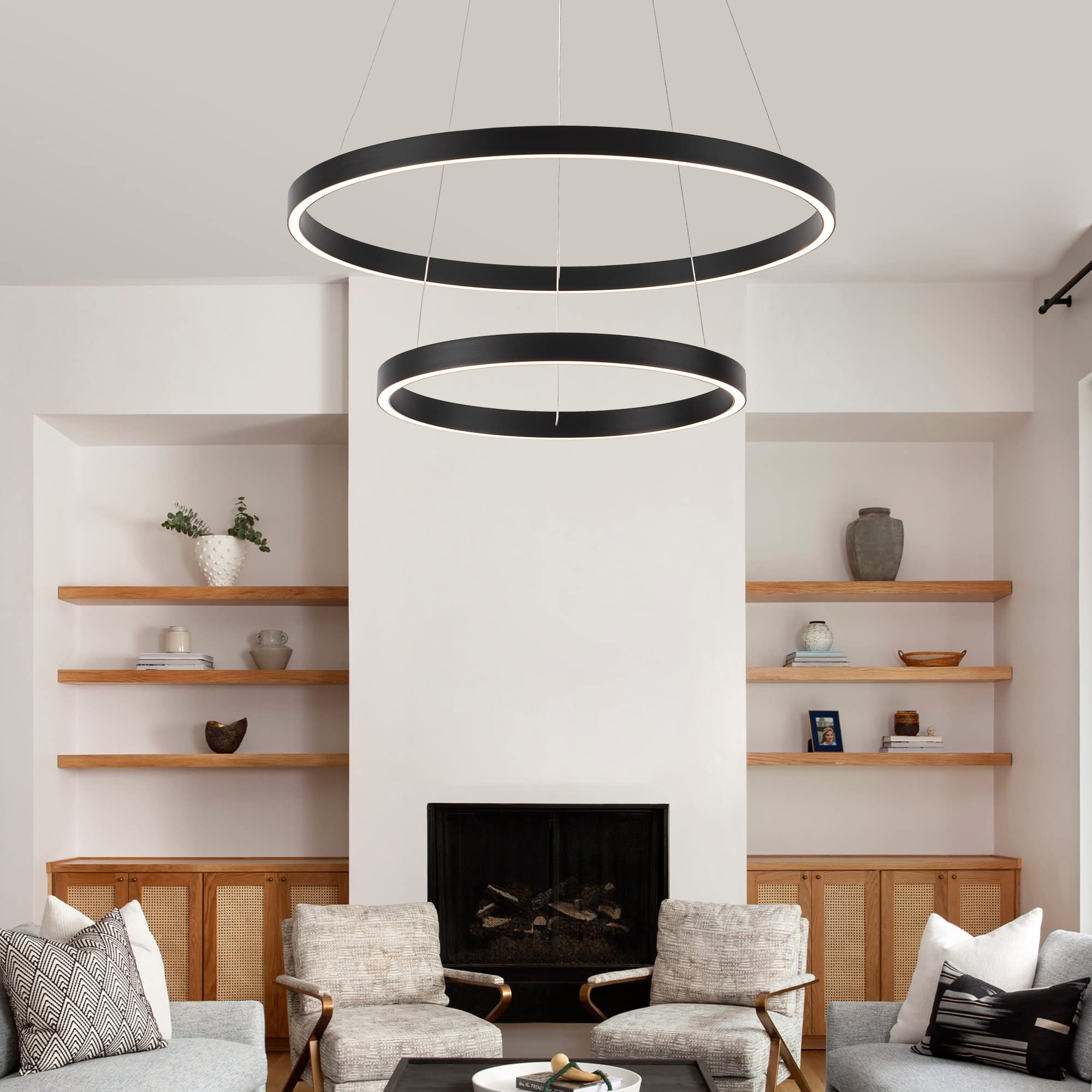 Modern LED Chandelier - 2 Ring Contemporary Circular Pendant Light, Black Dimmable Hanging Ceiling Fixture for Living Room & Dining Room | Elegant Lighting for Home Decor, Parties & Restaurants