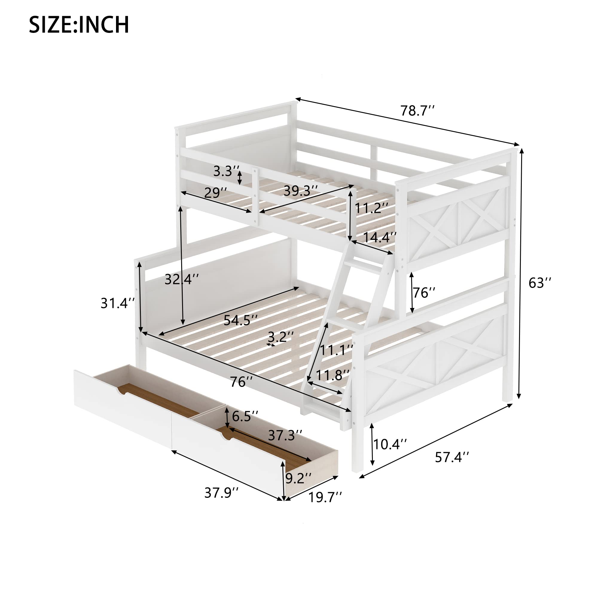 Twin Over Full Loft Bed with Ladder - Sturdy Wooden Bunk Bed with 2 Storage Drawers & Safety Guardrail - White Space-Saving Kids Bedroom Furniture for Small Rooms & Dorm Rooms