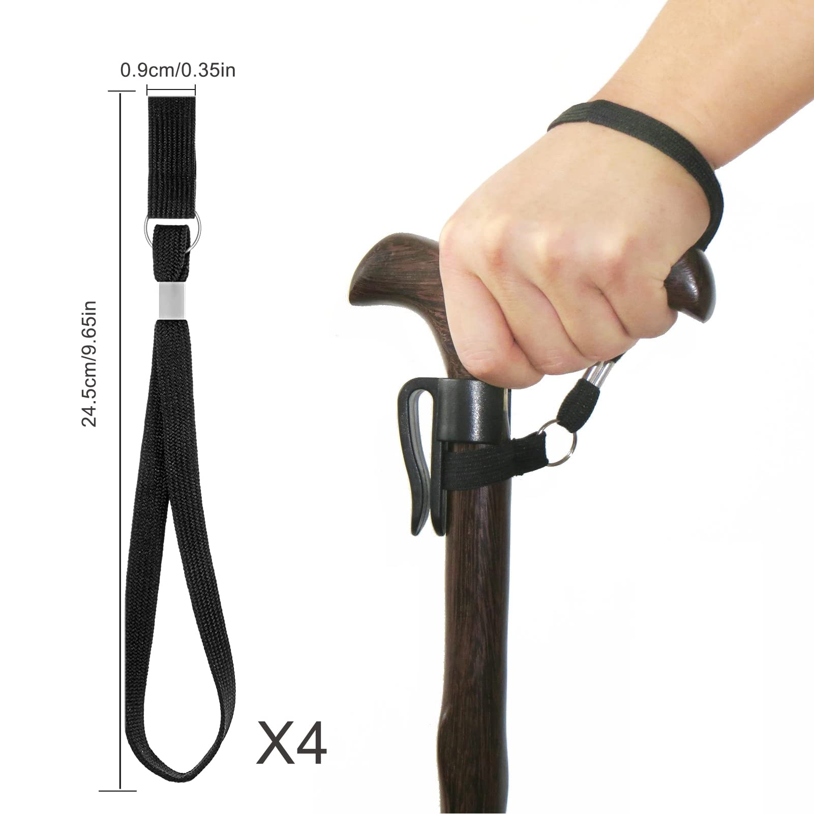 BEHAHAI 4 Pack Walking Cane Wrist Straps - Adjustable Black Wrist Loop Strap for Walking Sticks, Canes & Mobility Aids - Perfect for Hiking, Travel & Elderly Support