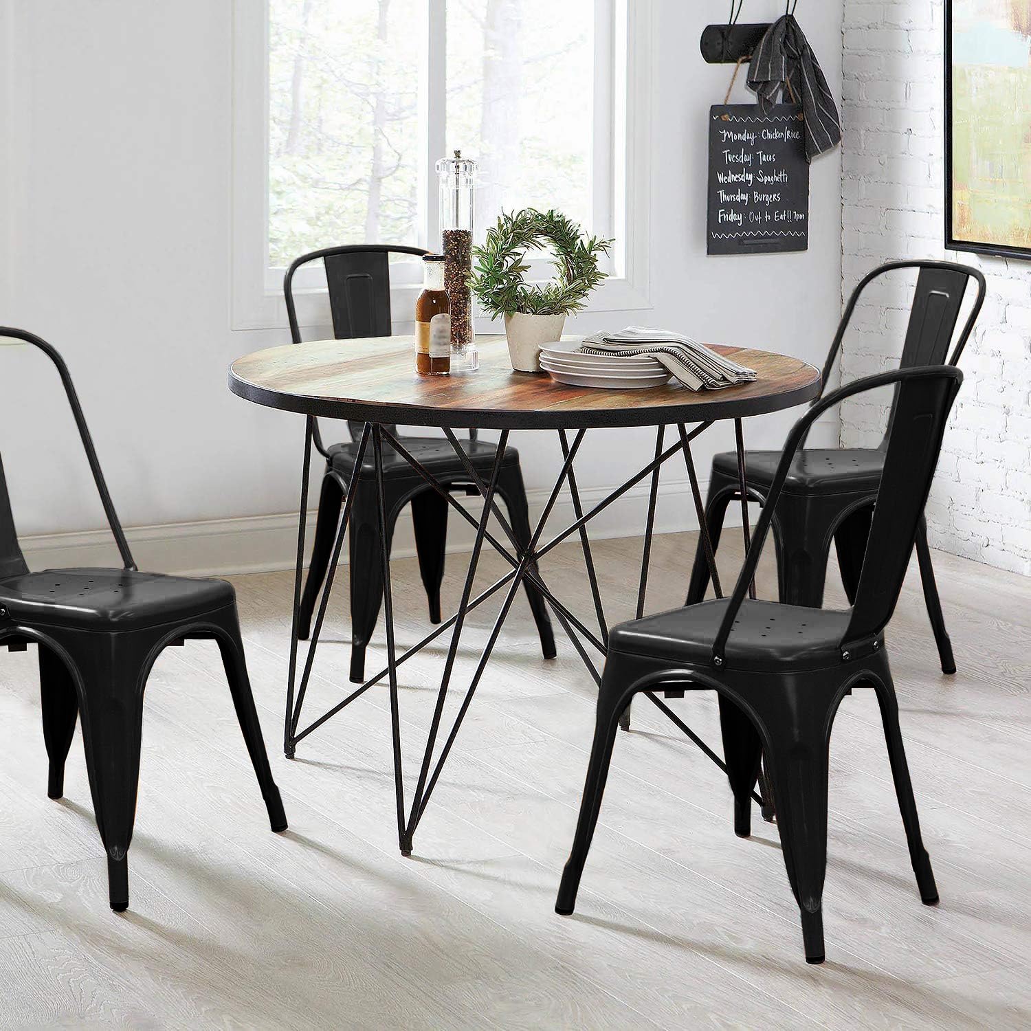 Devoko 4-Piece Stackable Metal Indoor/Outdoor Dining Chairs - Distressed Black Kitchen Side Chairs with Backrest | Perfect for Patio, Restaurant, Cafe & Home Decor