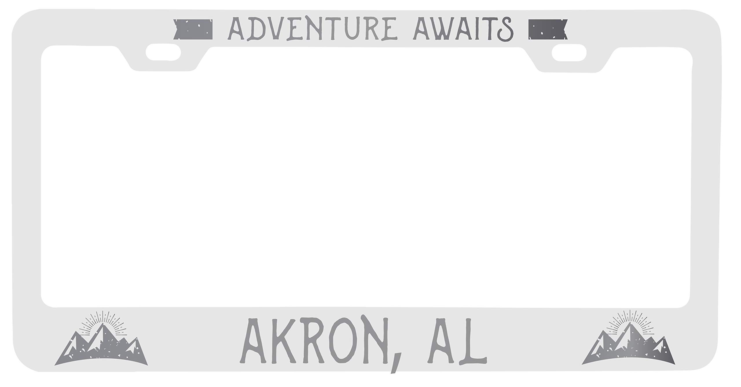 Custom Akron Alabama Laser Engraved Metal License Plate Frame - 'Adventures Await' Design for Cars & Trucks | Durable & Personalized Auto Accessory for Road Trips & Gifts