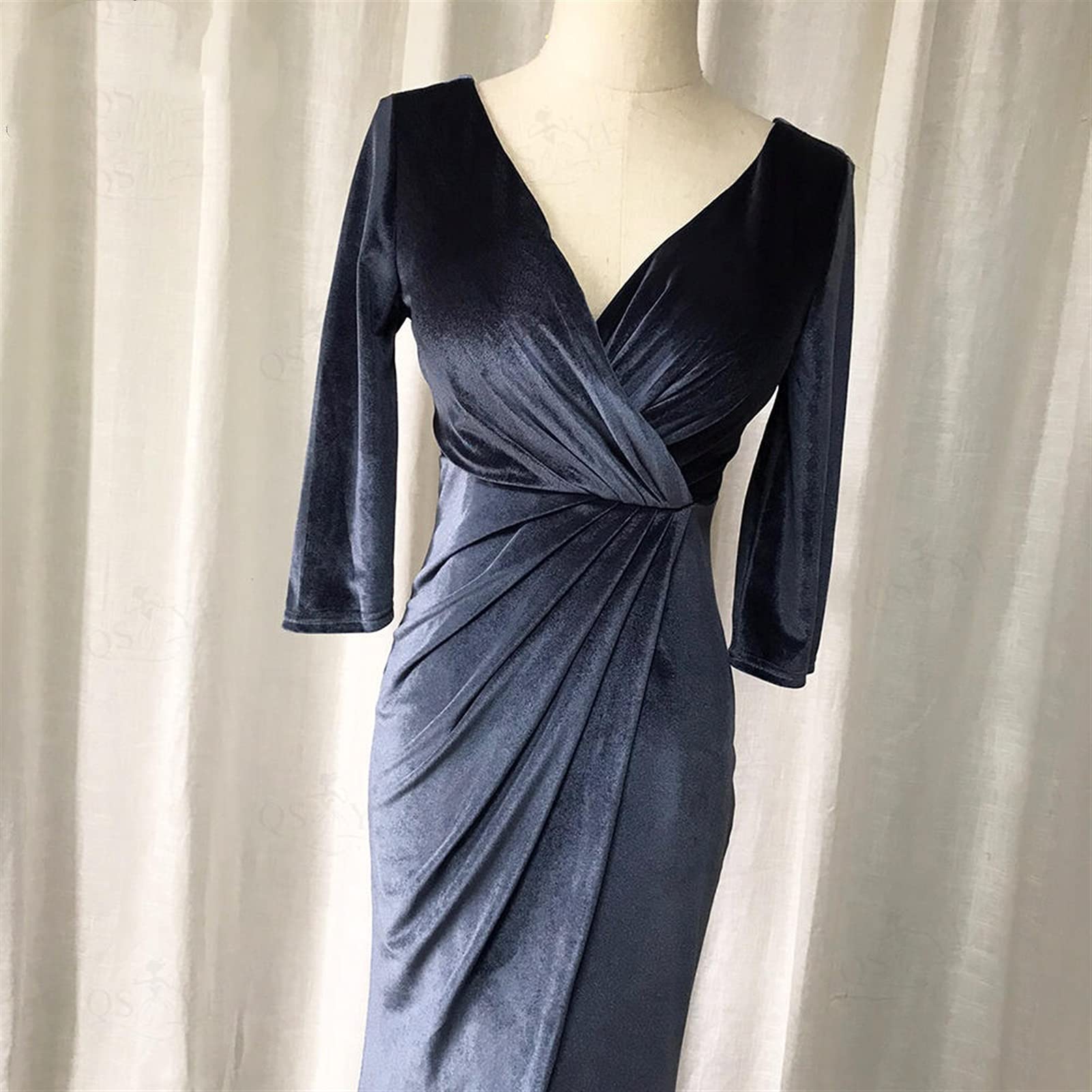 LYNLYN Women's Gray Velvet Mermaid Evening Dress - Long Sleeve V Neck Ruched Waist Cocktail Party Dress (Size 6) | Perfect for Holiday Parties, Weddings, and Formal Events