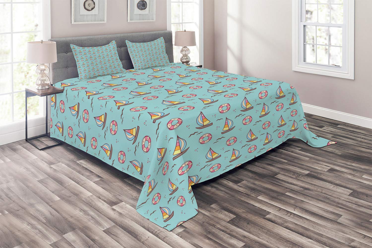 Ambesonne 3-Piece King Size Quilted Bedspread Set with 2 Pillow Shams - Nautical Sailing Theme Featuring Sailboats, Seagulls & Circles in Pale Seafoam Multicolor | Coastal Decor for Master Bedroom, Guest Room & Beach House