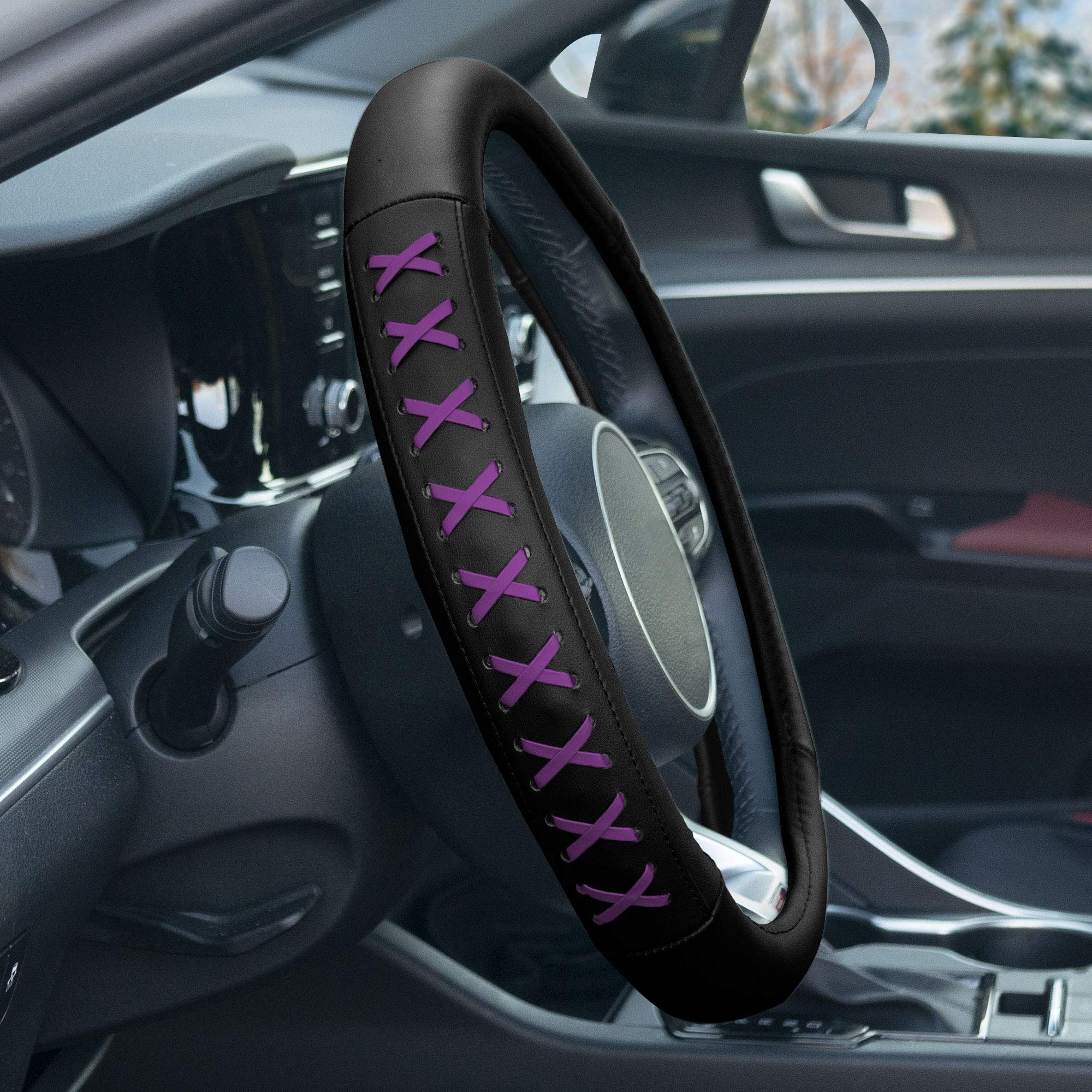 TLH Universal 15 Inch Purple Genuine Leather Steering Wheel Cover with Lace-Up Design - Non-Slip Grip, Easy Installation for Cars, Trucks & SUVs - Perfect for Driving Comfort & Vehicle Protection
