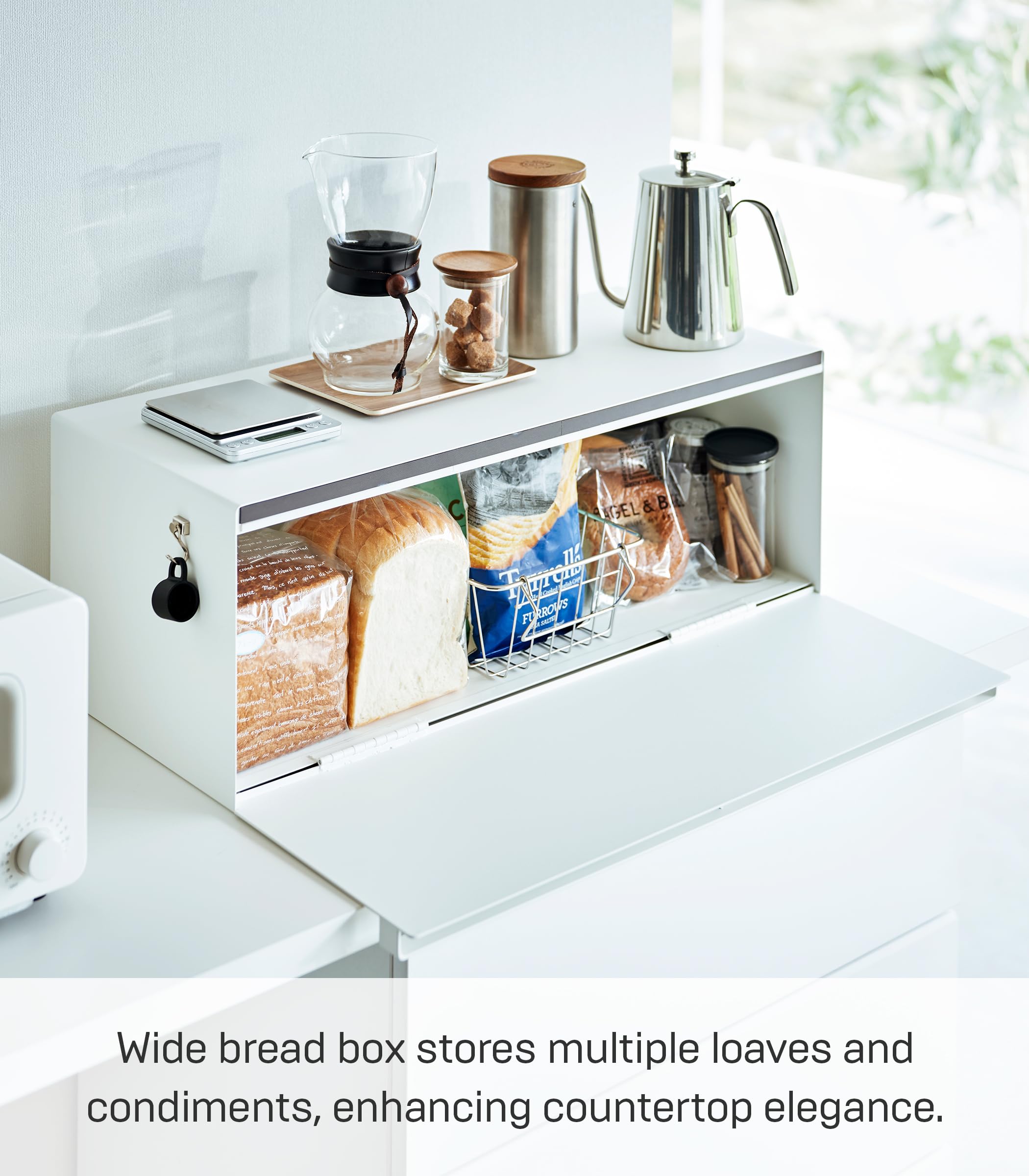Yamazaki Home Tower Wide Bread Box - Stainless Steel Bread Storage Container for Freshness | Perfect for Kitchen Countertop, Pantry & Dining Room Organization