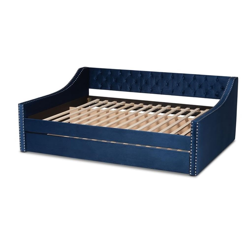BOWERY HILL Modern Velvet Upholstered Queen Size Daybed with Trundle in Blue - Stylish Sofa Bed for Guest Room, Living Room & Small Space