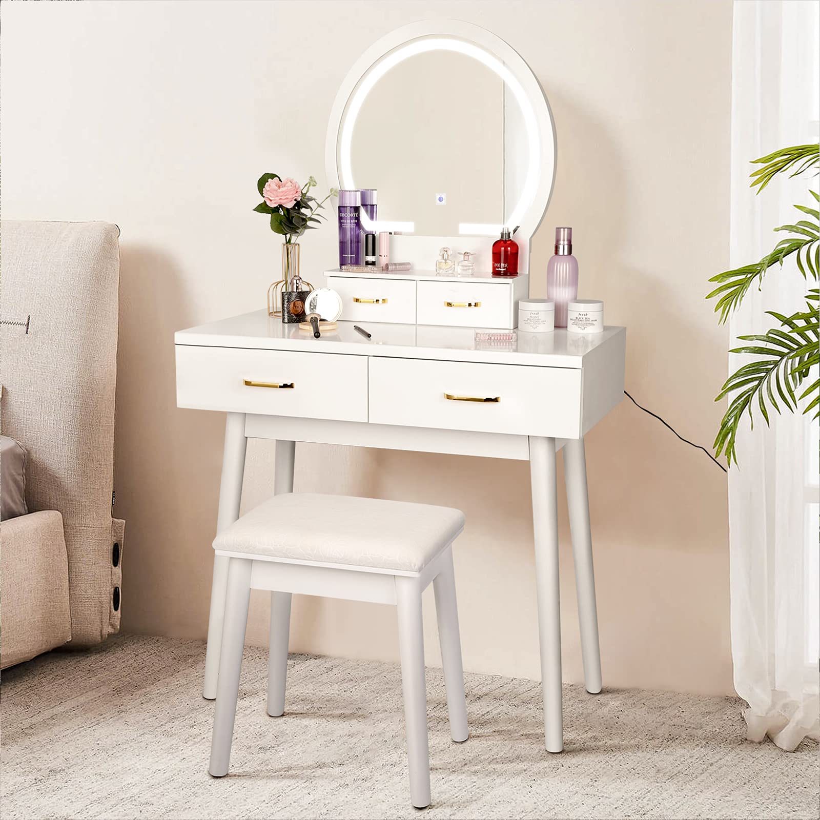 Vanity Desk with LED Lighted Mirror - Adjustable Brightness & 3 Color Lighting Modes, Makeup Vanity Table with 4 Drawers & Soft Cushioned Stool, White - Perfect for Bedroom, Dressing Room & Beauty Studio