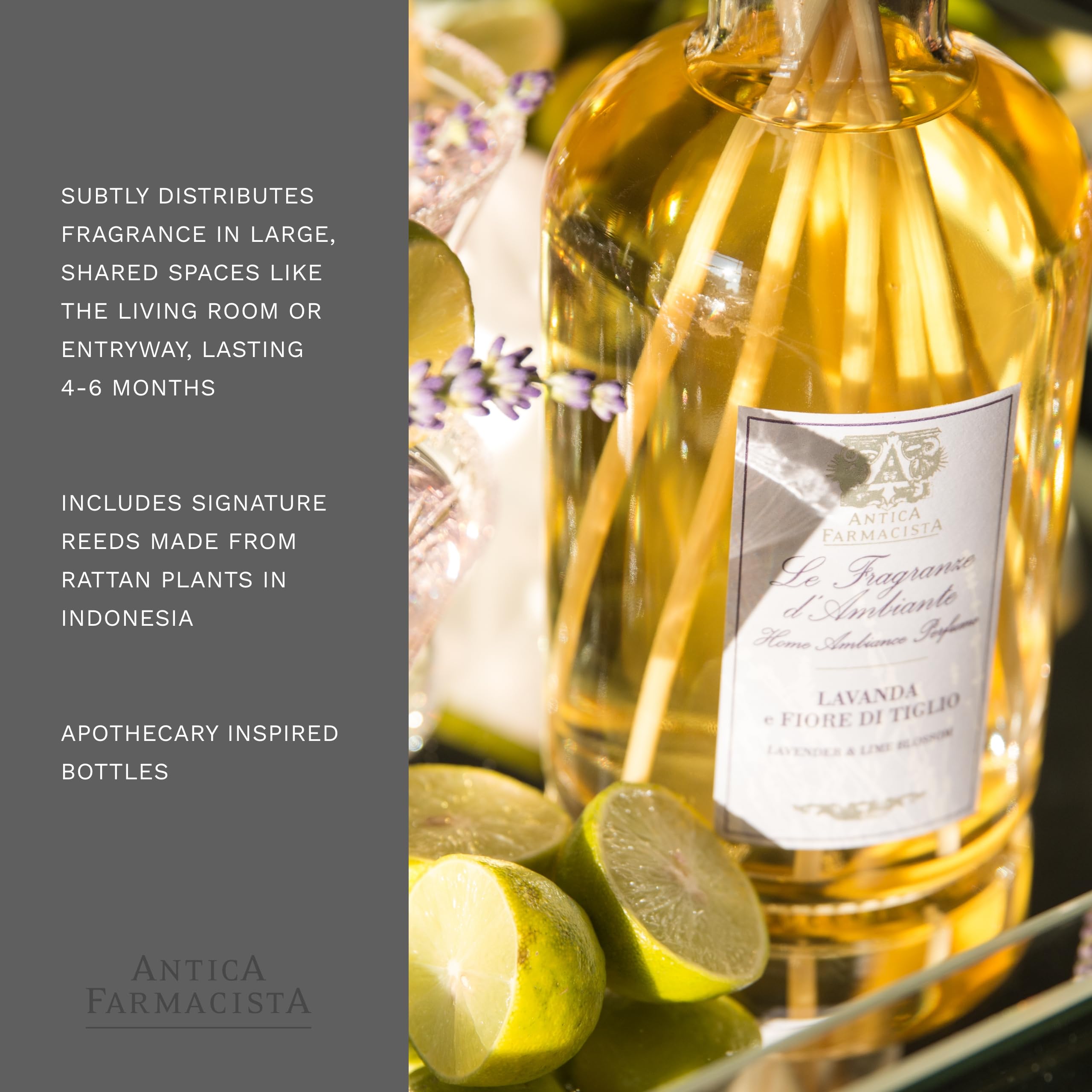 Antica Farmacista Lavender & Lime Blossom Reed Diffuser - 16.9 Fl Oz Home Fragrance Oil - Aromatherapy for Bedroom, Bathroom & Living Room Relaxation