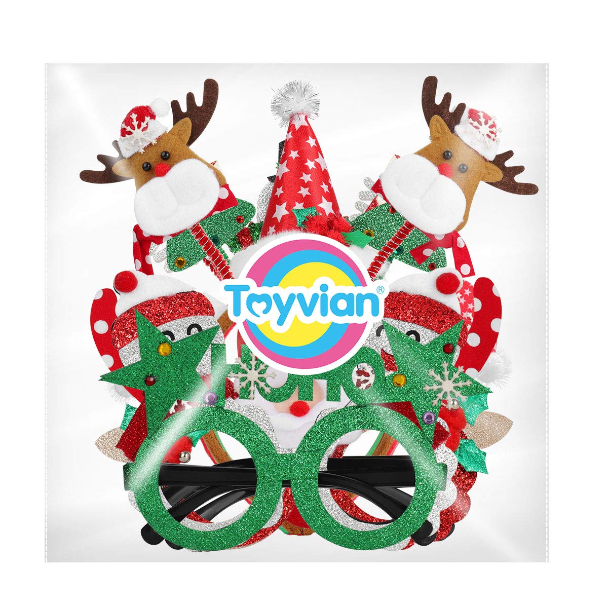 8 Pack Christmas Glasses & Headbands Set - Creative Elf Reindeer Antlers Xmas Tree Decorations for Holiday Parties | Fun Costume Accessories for Kids & Adults | Perfect for Christmas Photos, Office Celebrations & Family Gatherings