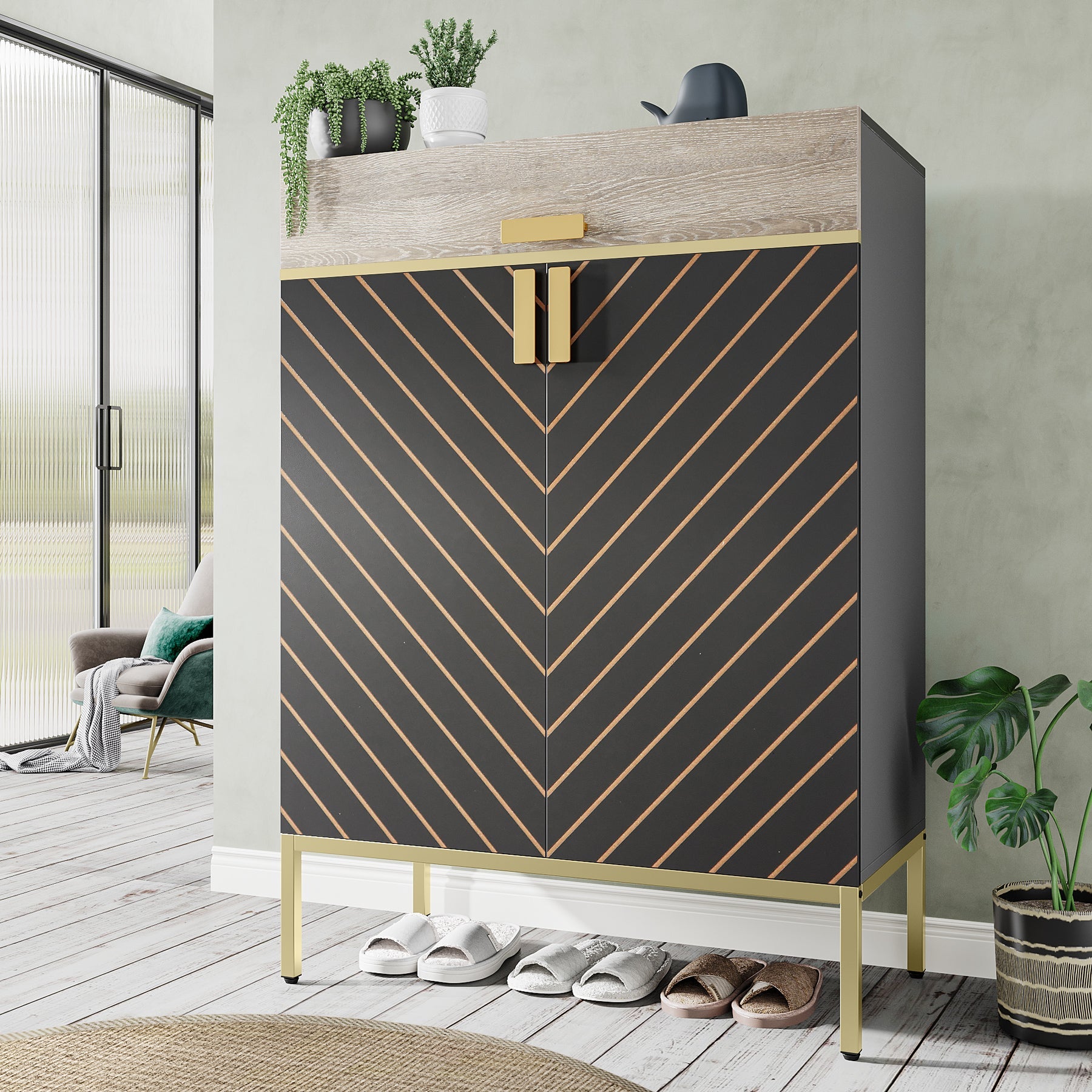 4 Tier Shoe Cabinet Organizer - Modern Shoe Rack Storage with Drawers for Entryway, Closet & Bedroom - Space Saving Shoe Shelf for Sneakers, Boots & Heels