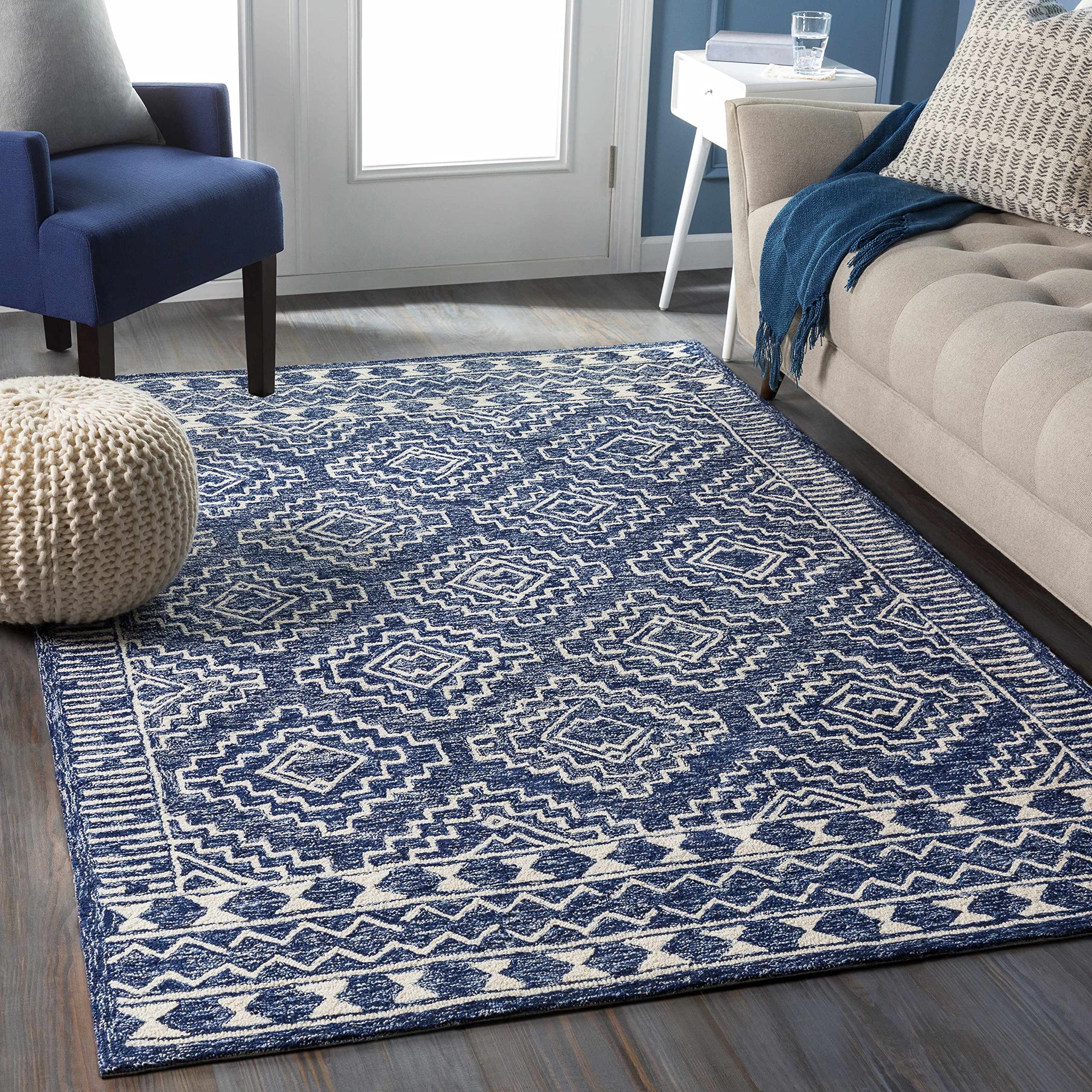 Premium Horton Wool Area Rug for Living Room & Bedroom - Traditional Beige & Blue Design - 6' x 9' - Soft & Durable - Perfect for Cozy Home Decor & High-Traffic Areas