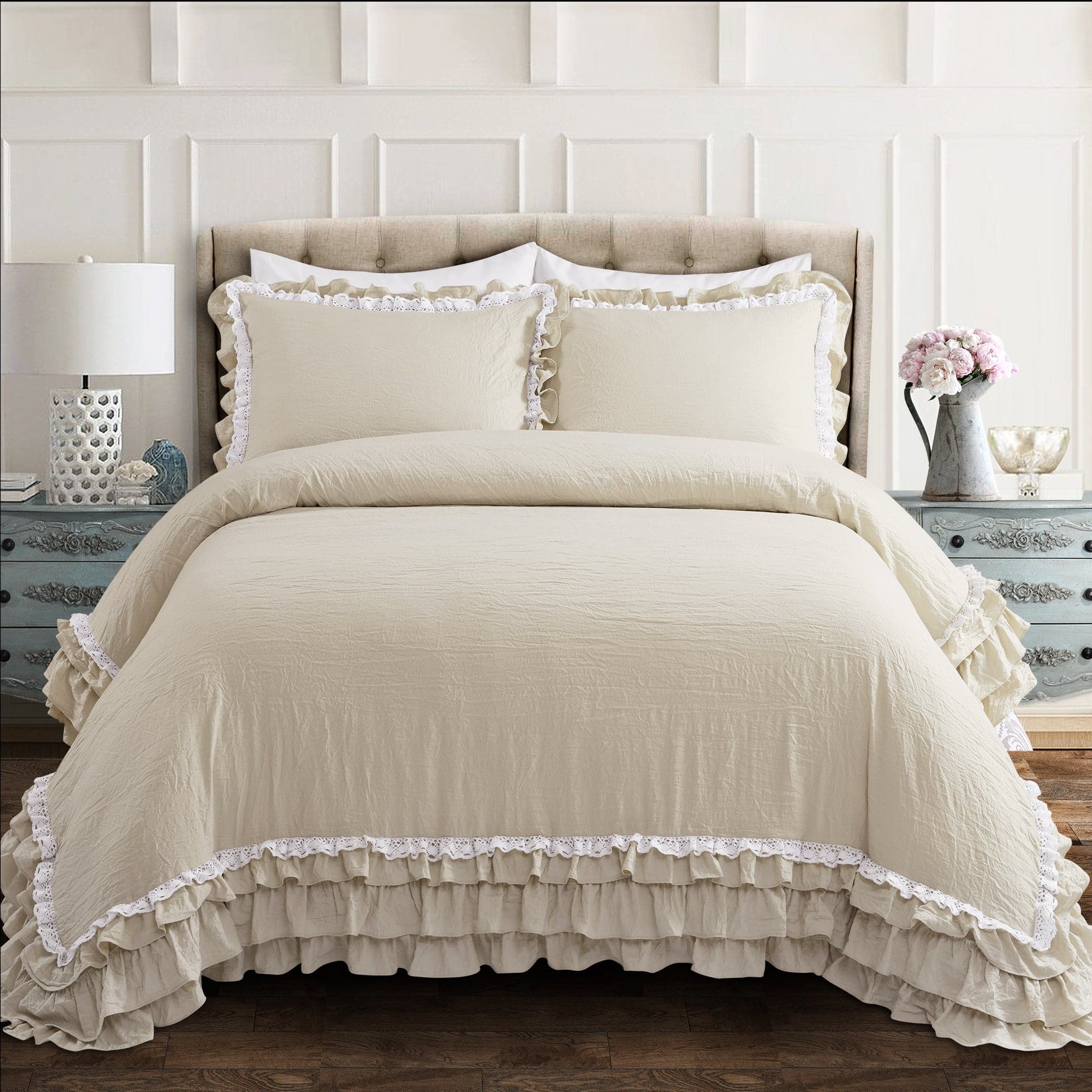 Ella Ruffle Lace 3-Piece Comforter Set - Queen Size Bedding with Floral Embroidery, Soft Microfiber for Cozy Bedroom Decor - Perfect for Master Bedroom, Guest Room & Dorm