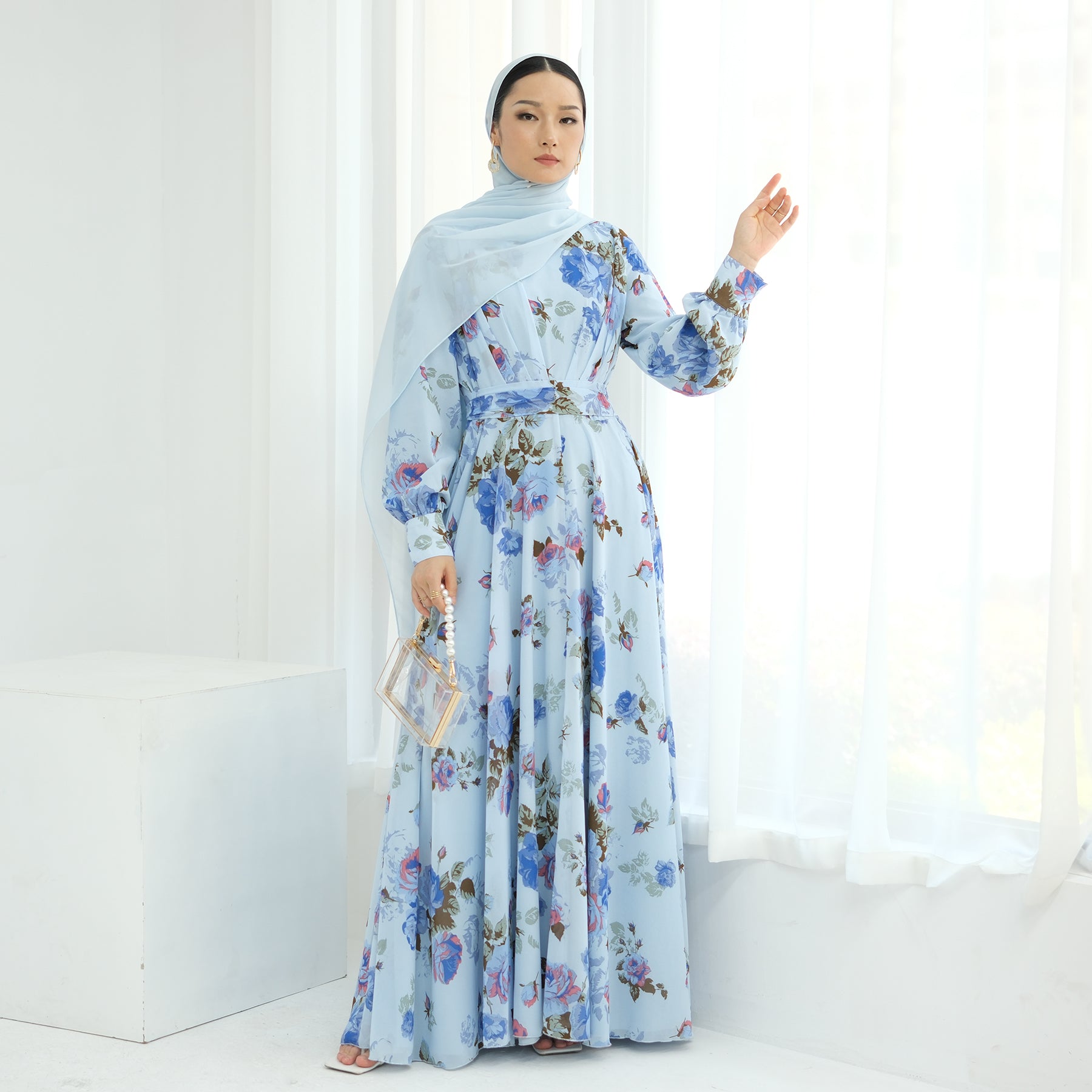 Elegant Gardenia Floral Maxi Dress in Blue & Pink - Perfect for Summer Weddings, Beach Vacations & Boho Chic Outfits