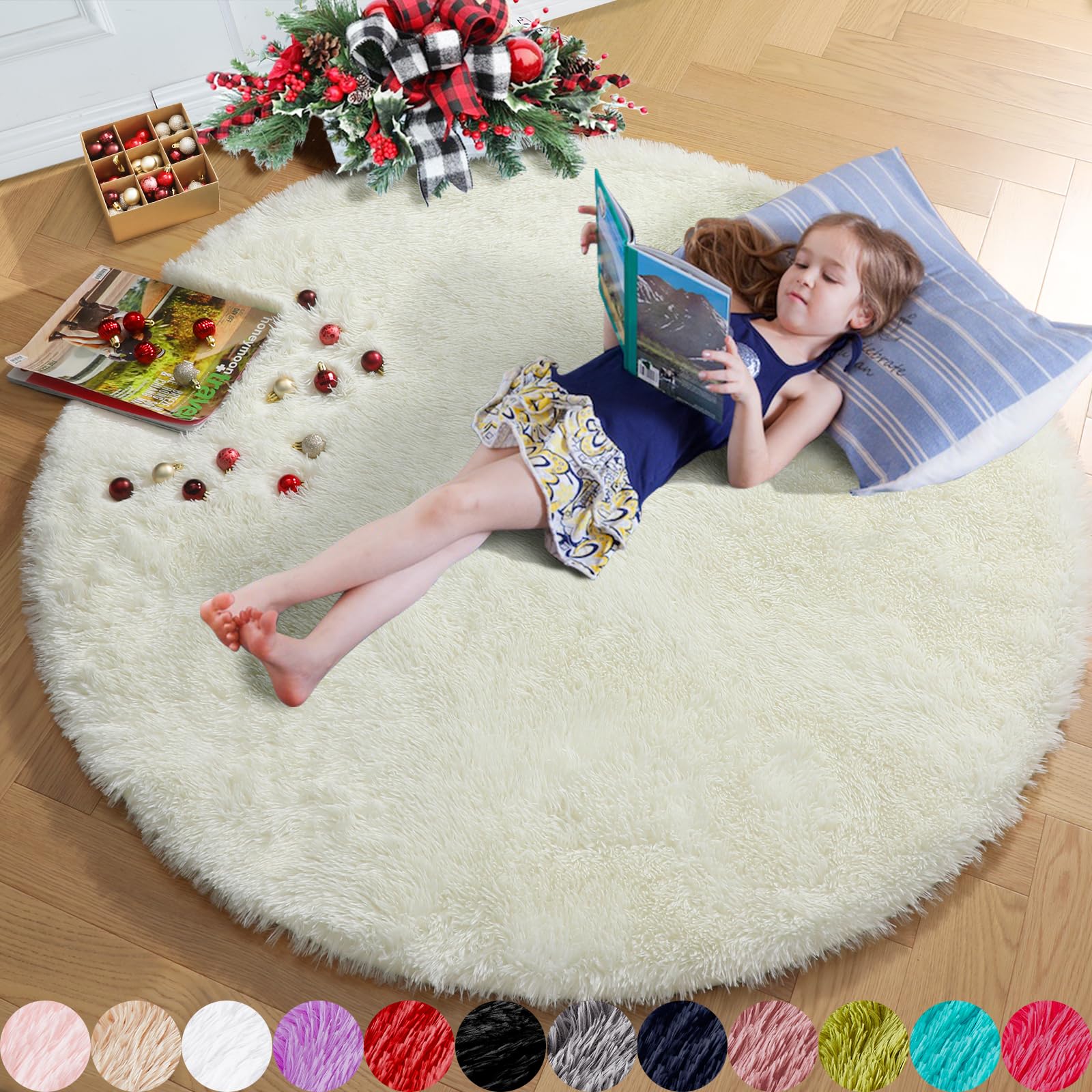 Amdrebio Ivory White Round Rug 4Ft - Washable Fluffy Fuzzy Circle Area Rug for Living Room, Kids Bedroom, Nursery & Dorm | Soft Plush Shaggy Carpet for Girls & Boys | Perfect for Cozy Home Decor & Play Areas