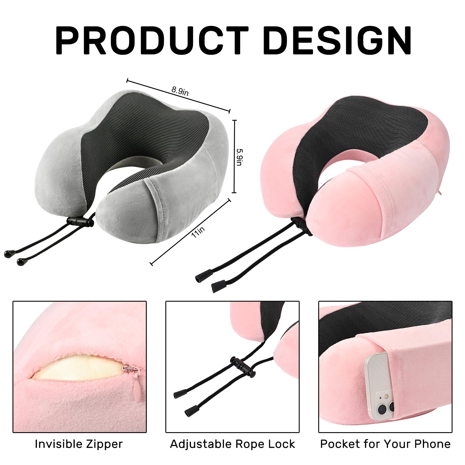 2 Pack Memory Foam Travel Neck Pillow for Airplane, Car, Train & Home - Soft & Supportive Cervical Pillow for Sleeping & Resting - Perfect for Long Flights, Road Trips & Office Naps (Grey & Pink)