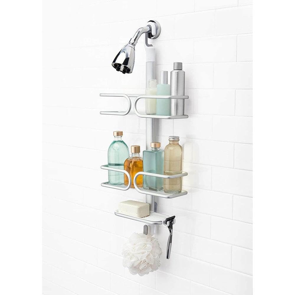 OXO Good Grips 3-Tier Aluminum Shower Caddy Organizer - Rustproof Bathroom Storage for Shampoo, Conditioner & Soap - Perfect for Showers, Bathtubs & Dorm Rooms