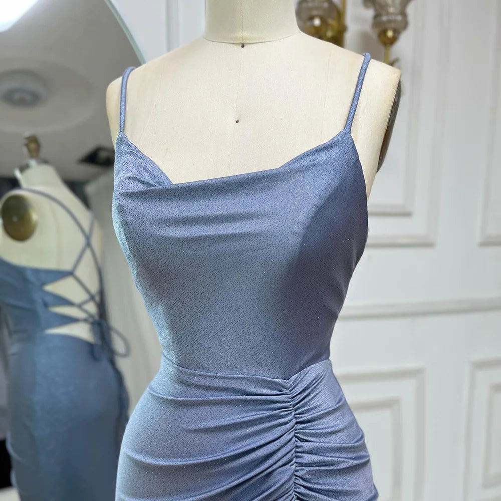 Elegant Dubai Saudi Arabic Blue Spaghetti Strap Mermaid Evening Gown with High Slit - Formal Dress for Prom, Wedding, Gala & Special Occasions