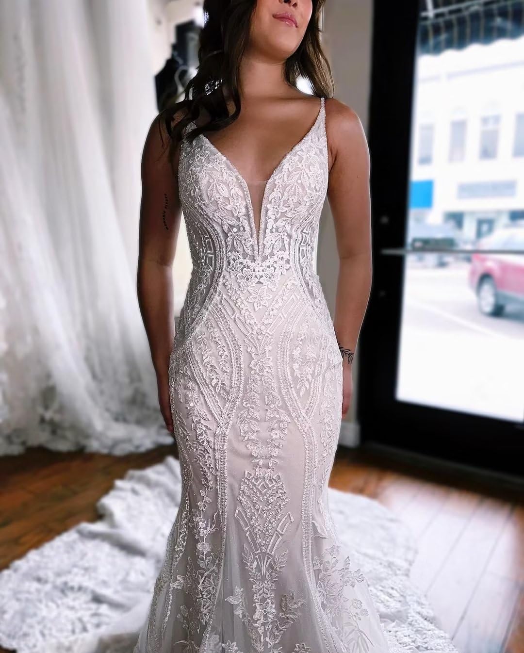 2024 Boho Beach Wedding Dresses for Women - V Neck Lace Applique Spaghetti Strap Bridal Gowns | Perfect for Beach, Garden & Destination Weddings (PU083)