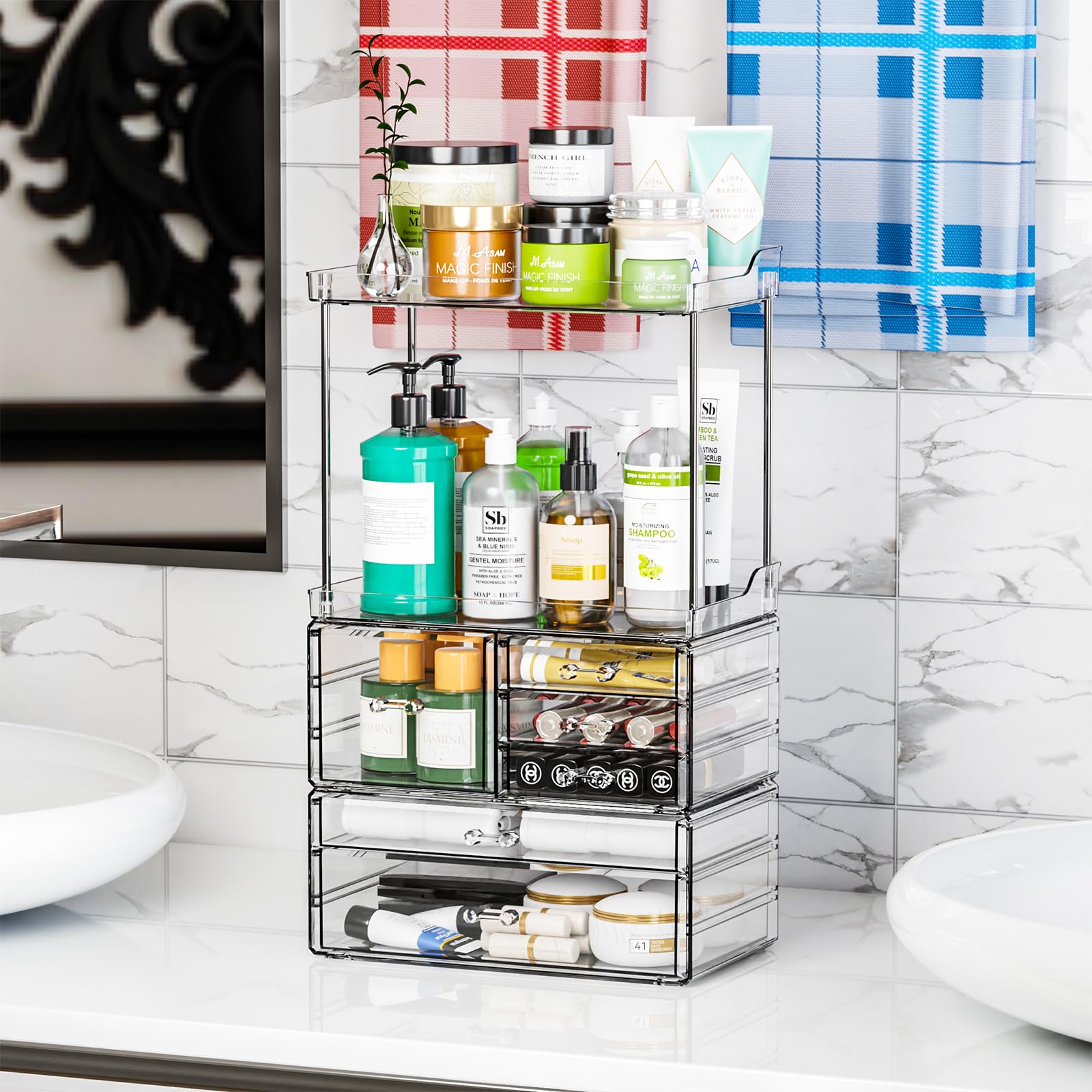 3-Tier 6-Drawer Clear Acrylic Bathroom Organizer Shelf - Stackable Makeup & Skincare Storage for Cosmetics, Lotions, Beauty Products - Perfect for Vanity, Countertop, Bedroom or Bathroom Organization (18.9