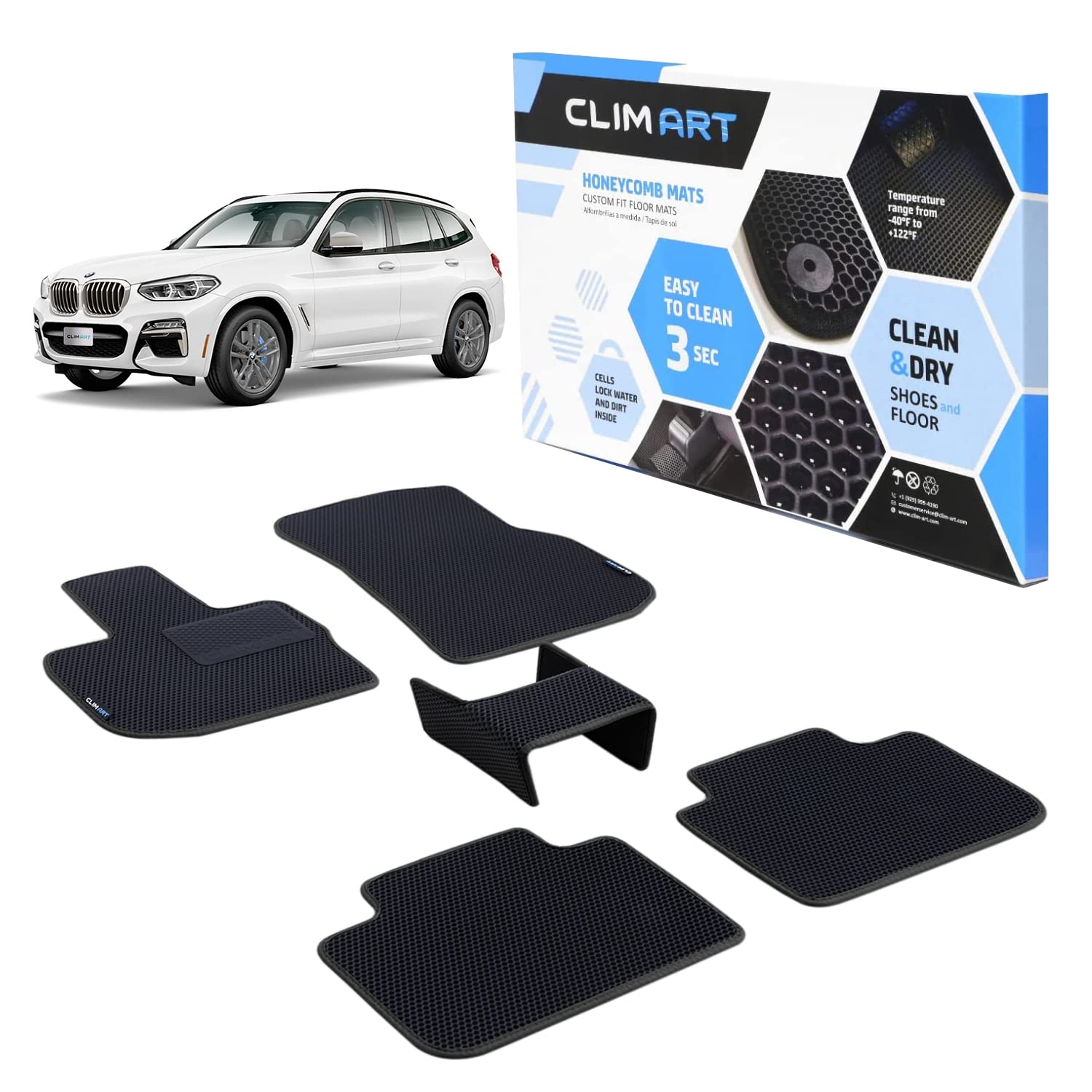 Honeycomb All-Weather Custom Fit Floor Mats for BMW X3 (2018-2022) & BMW X4 (2019-2022) - 1st & 2nd Row Car Floor Liners - Durable Black Car Accessories for Men & Women - Perfect for Daily Commute, Road Trips and Winter Protection