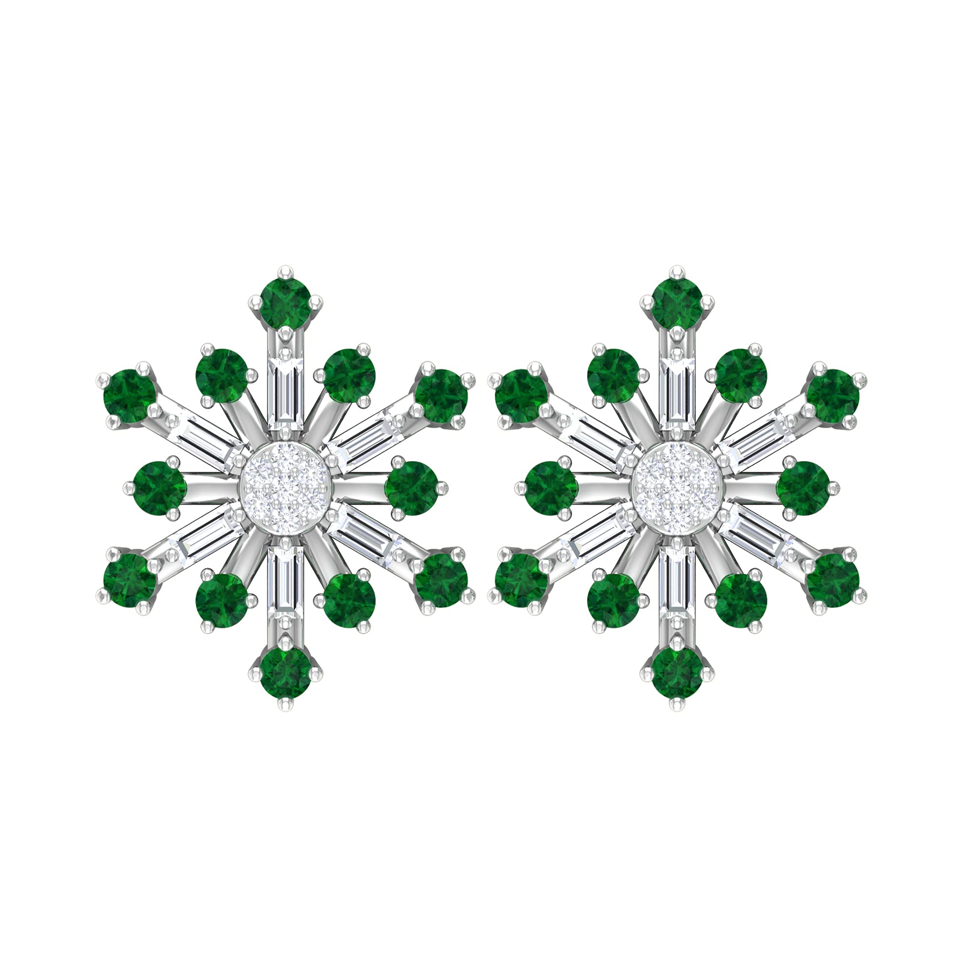 0.75 CT Emerald and Diamond Stud Earrings for Women - 14K Solid Gold Snowflake Design - Elegant Jewelry Gift for Christmas, Anniversary & Special Occasions