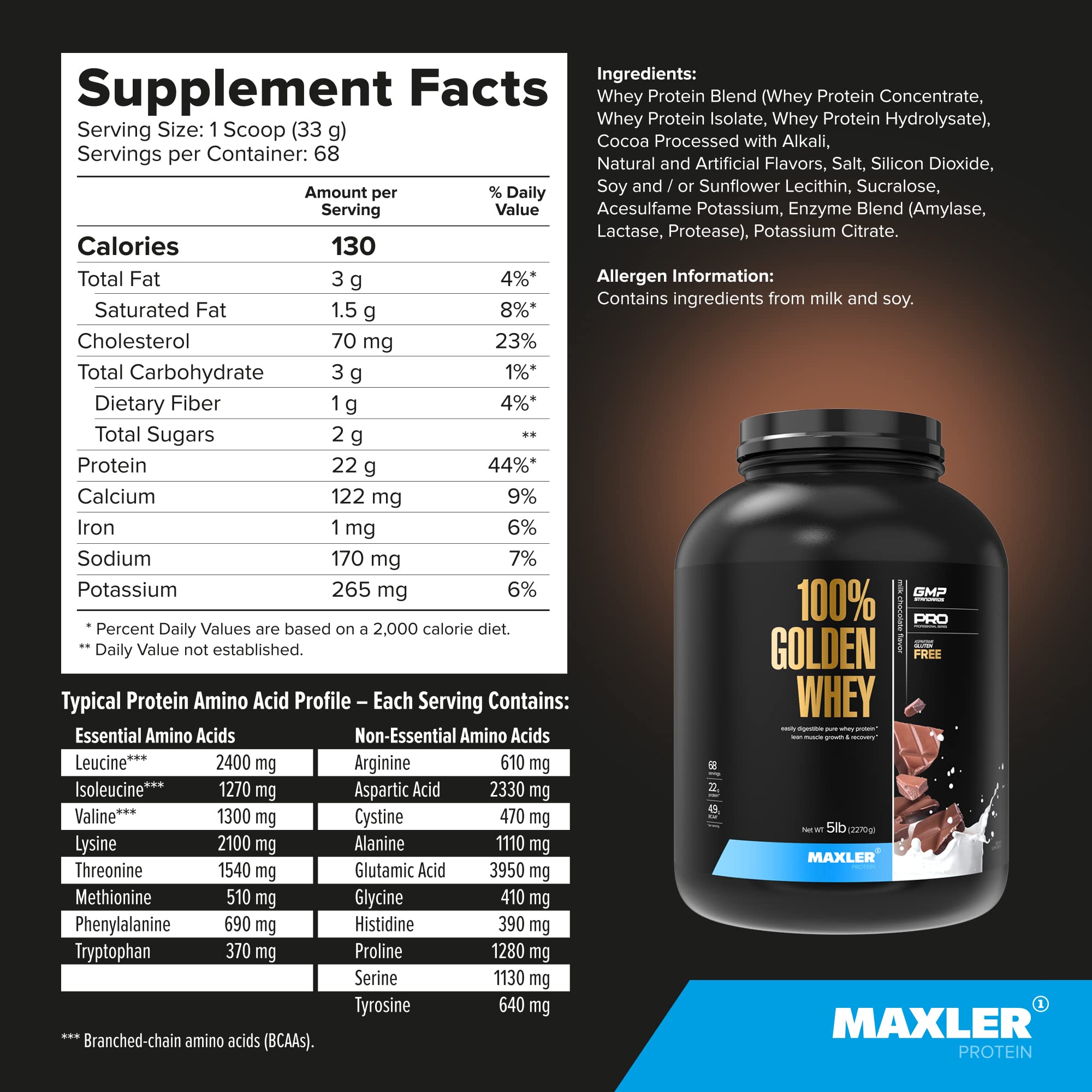 Maxler 100% Golden Whey Protein Powder - 22g Protein per Serving, Fast-Absorbing Whey Concentrate Isolate & Hydrolysate Blend - Milk Chocolate Flavor, 5 lb - Ideal for Pre & Post Workout Recovery, Muscle Building & Fitness Enthusiasts