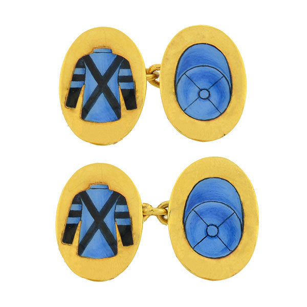 Vintage Art Deco 18K Gold & Enamel Jockey Uniform Cufflinks for Men - Elegant Equestrian Jewelry Gift for Horse Racing Enthusiasts, Perfect for Weddings, Business Meetings & Formal Events