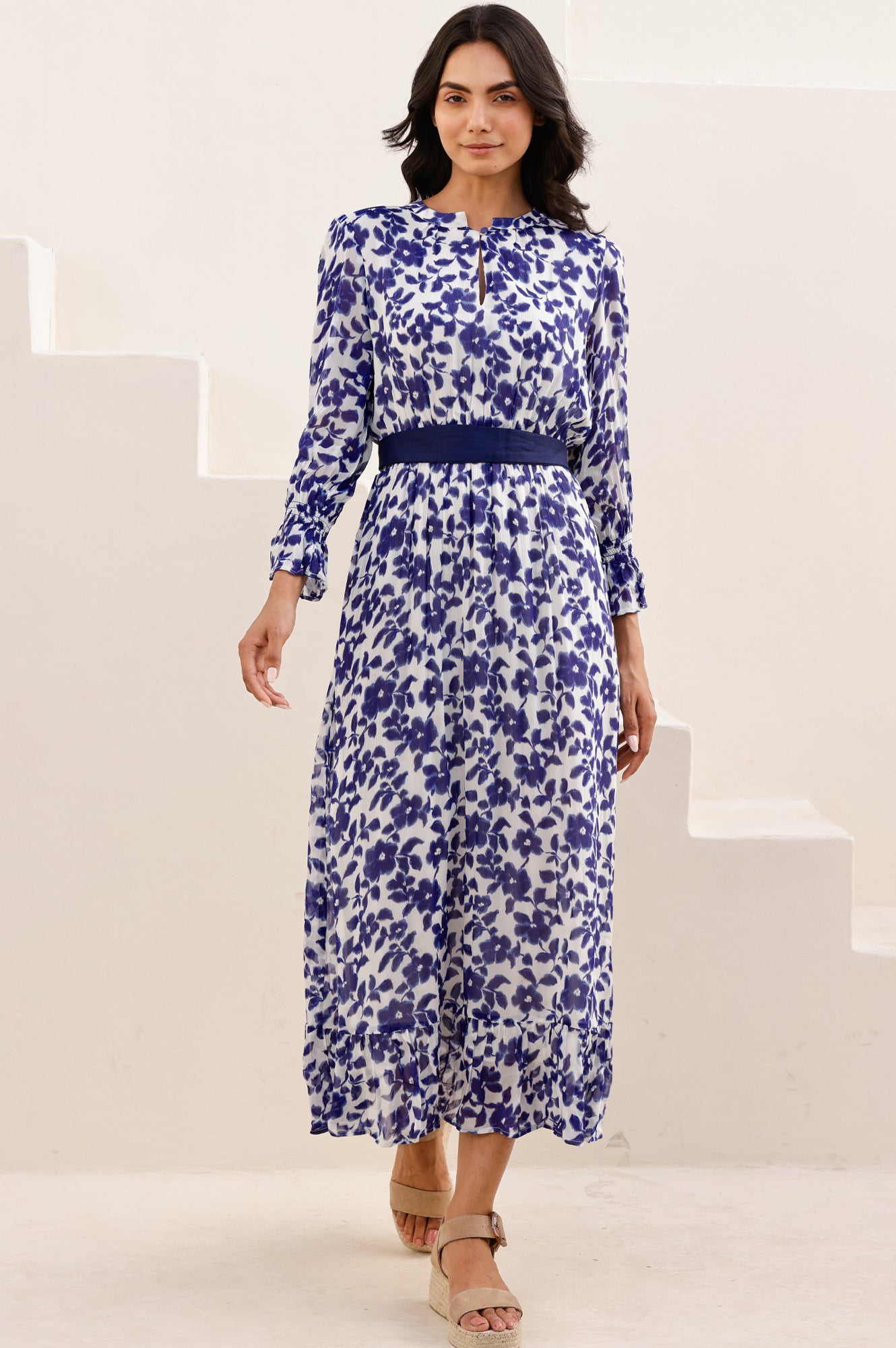 Maeve Georgette Dress - Floral Navy & White Flowy Midi Dress for Women | Perfect for Summer Weddings, Garden Parties & Date Nights