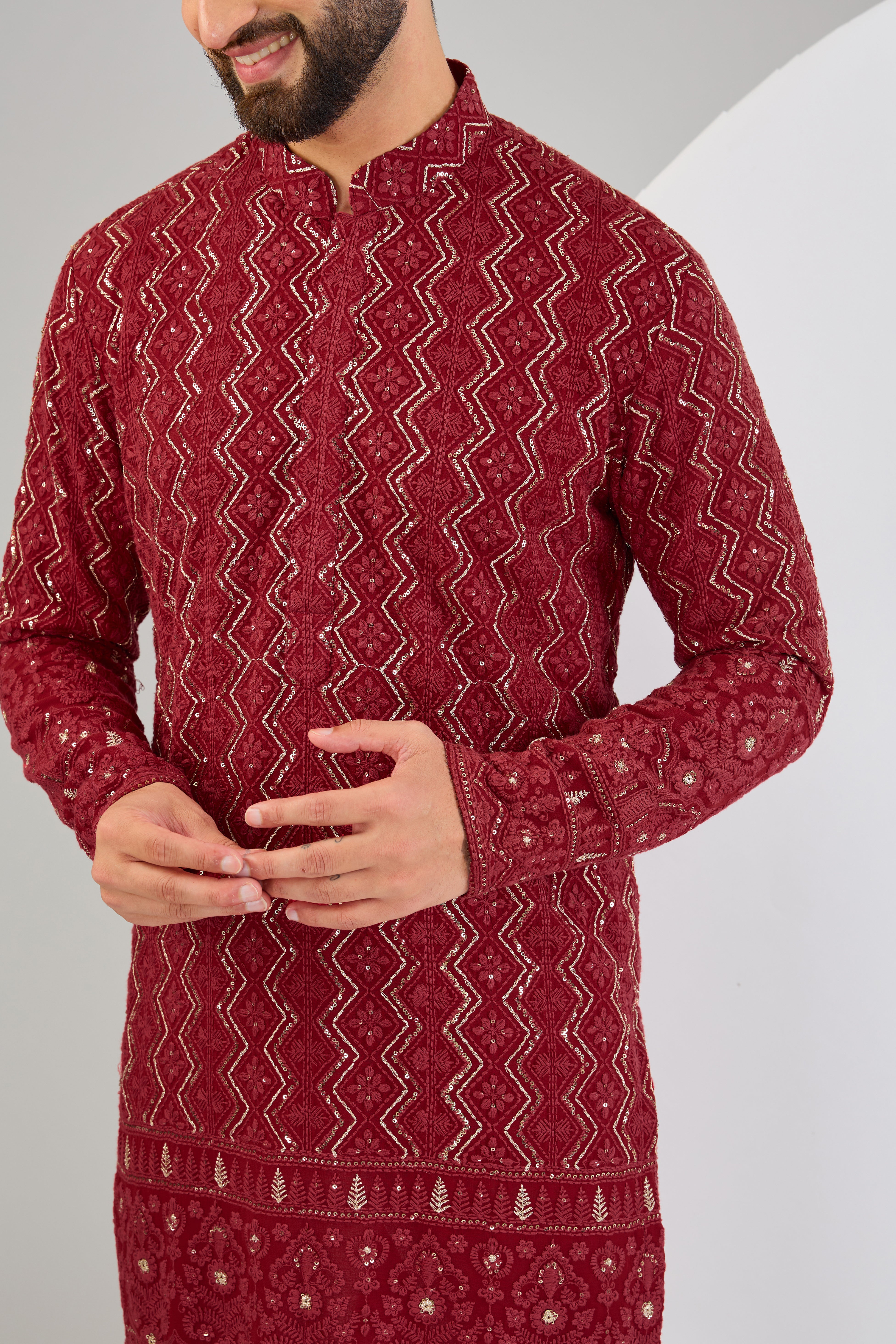 Exquisite Red Chikankari Kurta with Intricate Sequin & Zari Embellishment - Elegant Indian Traditional Wear for Festivals, Weddings & Special Occasions