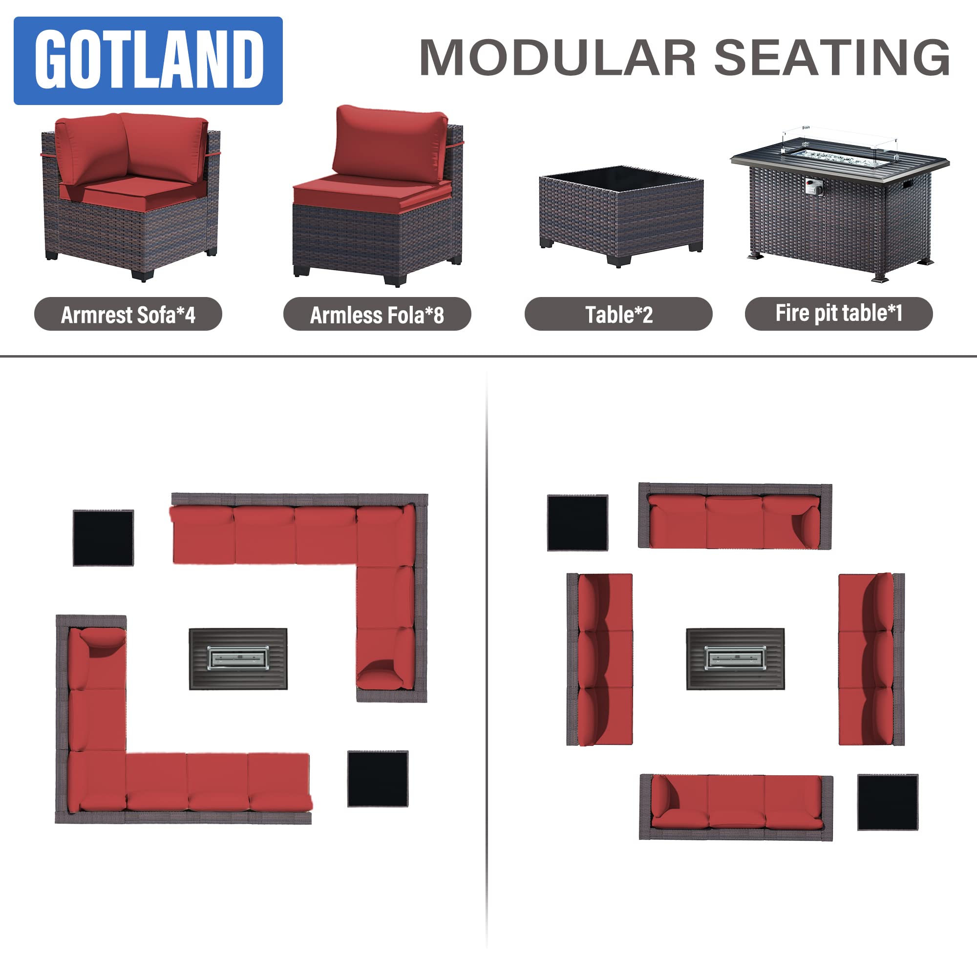 Gotland 15-Piece Outdoor Patio Furniture Set with 43-inch Gas Fire Pit Table - 55,000 BTU Auto-Ignition Sectional Sofa Set with Glass Wind Guard - Perfect for Backyard, Garden, Poolside & Outdoor Entertaining