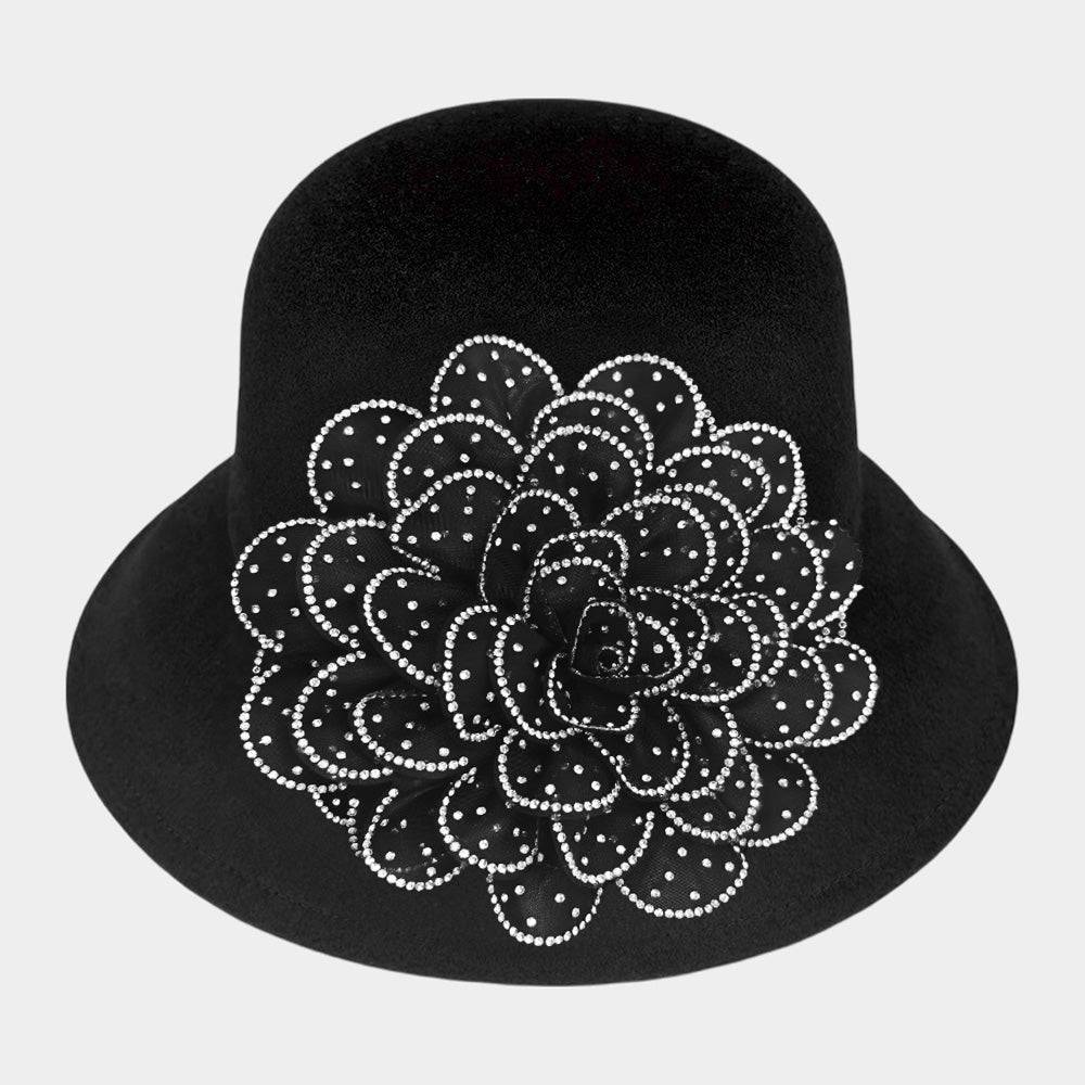 Stylish Black Bling Studded Flower Accented Felt Bucket Hat for Women - Fashionable Sun Hat for Outdoor, Beach, and Summer Activities