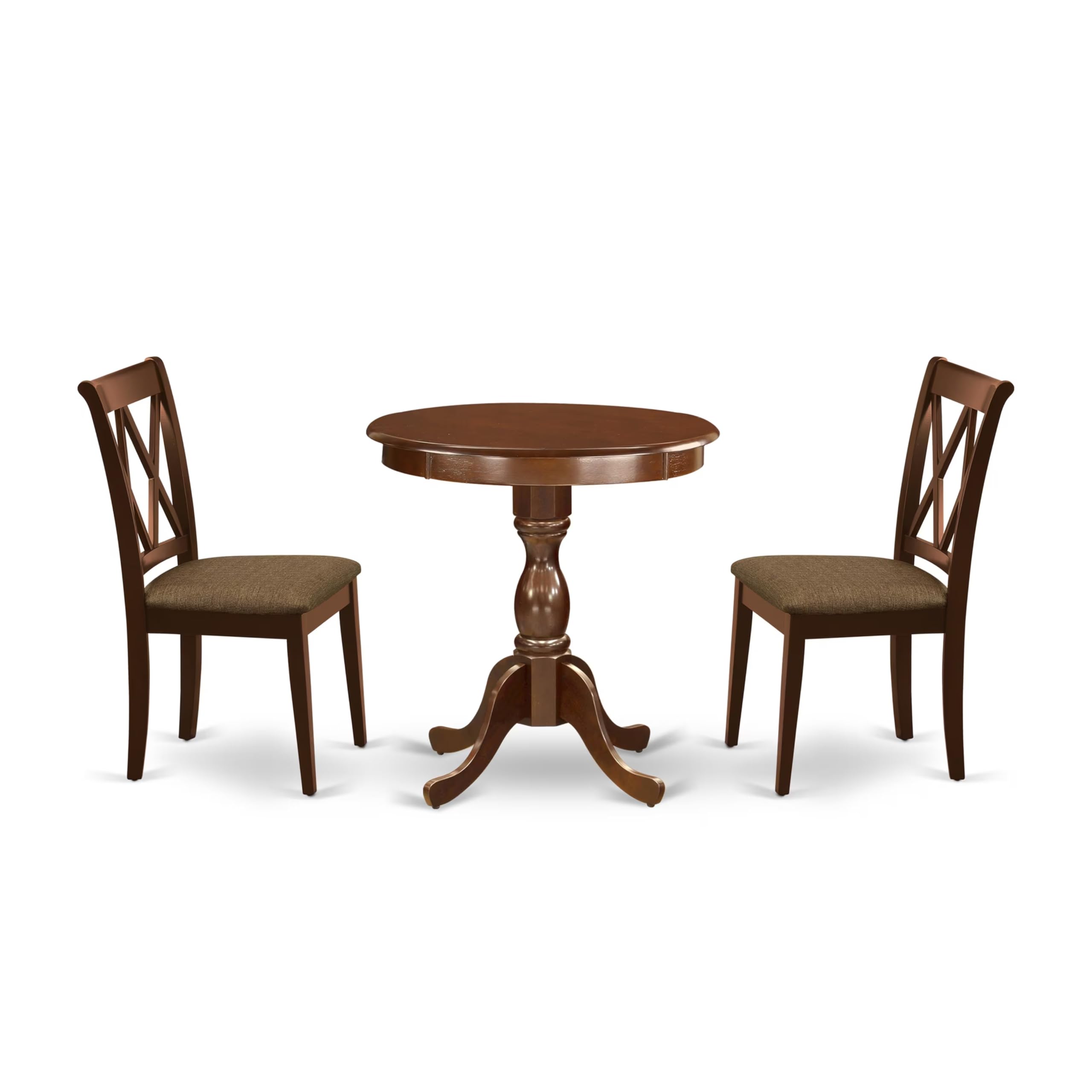 East West Furniture ESCL3-MAH-C 3 Piece Round Dining Table Set with Pedestal Base & 2 Upholstered Chairs, 30x30 Inch, Mahogany - Perfect for Small Kitchen, Breakfast Nook, or Apartment Dining Space