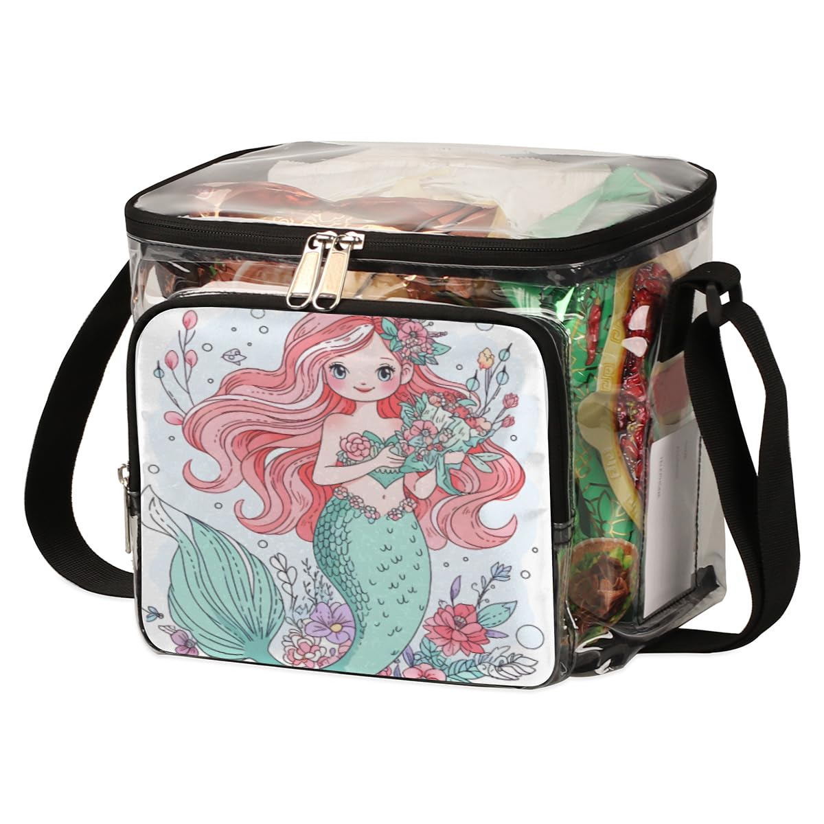 Mermaid and Floral Print Clear Tote Bag with Handles - Transparent Crossbody Shoulder Bag for Women - Perfect for Beach, Travel, Picnic, Concerts & Sports Events (Stadium Approved)