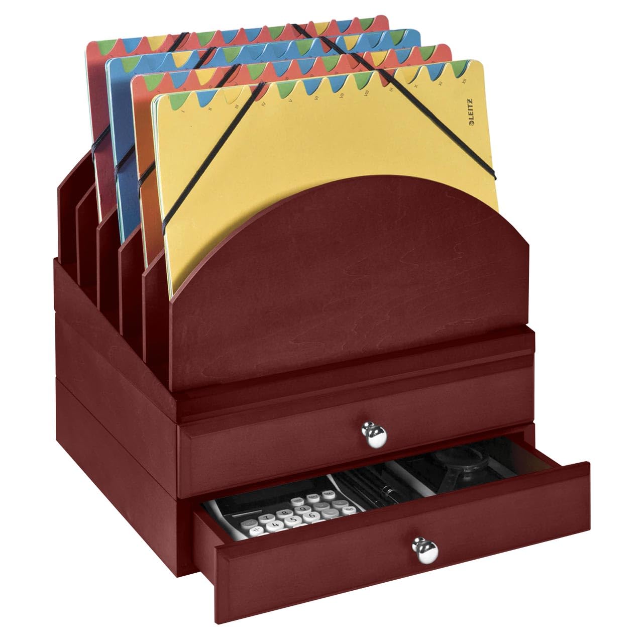 Bindertek Stacking Wood Desk Organizer with Step-Up File & 2 Drawers - Mahogany Office Organizer for Papers, Supplies & Stationery - Perfect for Home Office, Workspace & School Organization (WK9-MA)