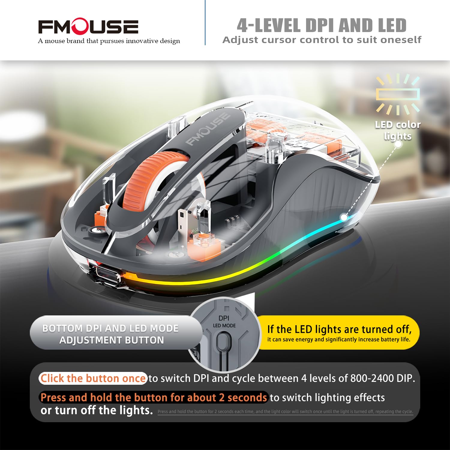 Creative Transparent Wireless Mouse - Dual Bluetooth & 2.4GHz for Multi-Device Connectivity, USB-C Receiver for MacBook/Laptops, Rechargeable Silent Mouse with Cool LED Lights | Ergonomic Design for Office, Home & Travel Use - Grey