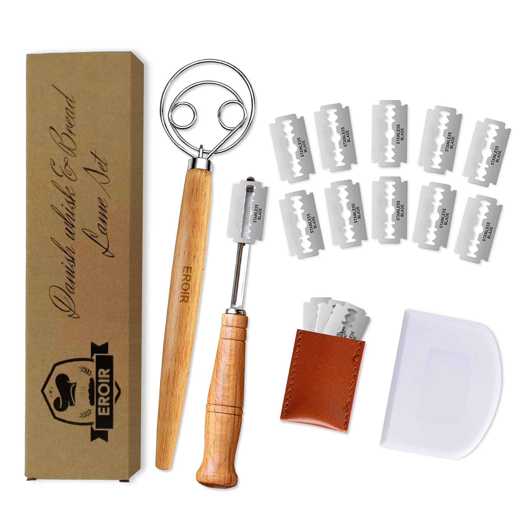 EROIR Danish Dough Whisk & Bread Lame Set - 13 Inch Stainless Steel Dutch Bread Whisk with 10 Razor Blades & Leather Cover - Professional Baking Tools for Sourdough, Artisan Bread Making - Perfect for Home Bakers & Professional Chefs
