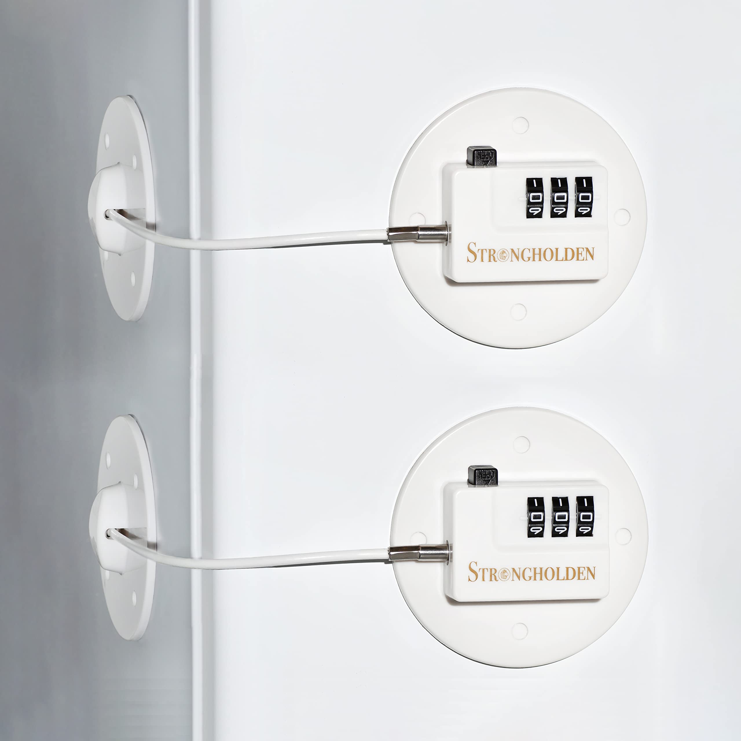 Strongholden Child Proof Refrigerator Lock Combination - No Keys Needed, Freezer & Fridge Safety Lock for Kids (2 Pack, White & Round) - Keep Food Safe & Prevent Child Access to Appliances
