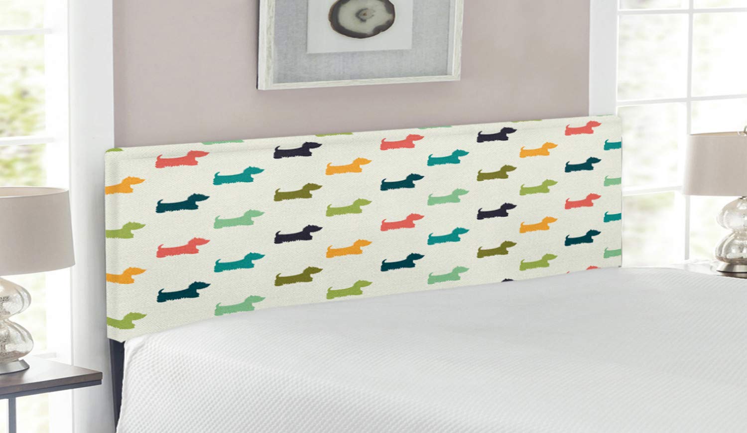 Ambesonne Dog Lover Upholstered Headboard - Queen Size Polka Dot English Terrier Silhouette Design with Memory Foam - Decorative Metal Bed Frame for Pet Lovers - Perfect for Bedroom Decor & Dog Theme Rooms