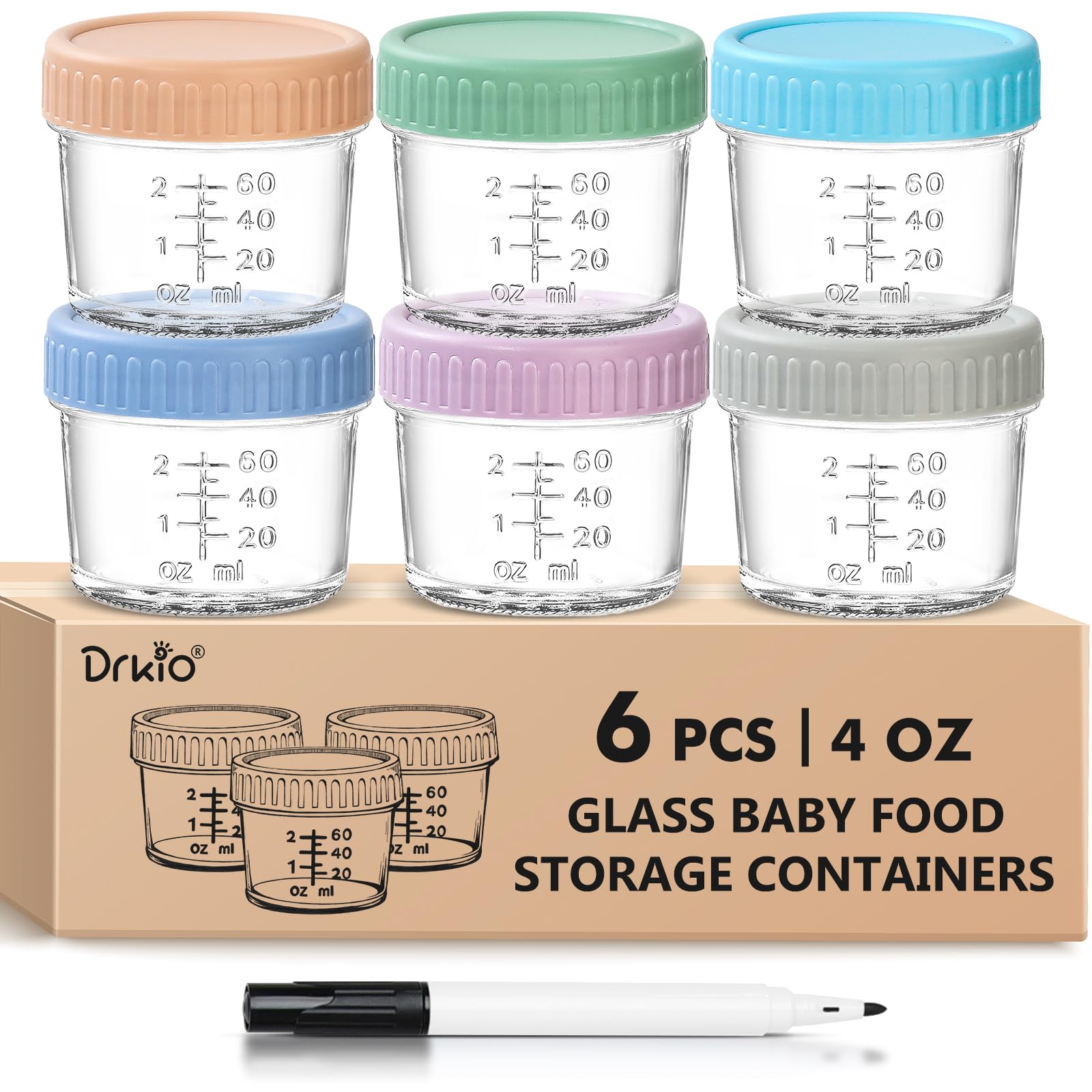 DRKIO 6 Pack 4oz Glass Baby Food Storage Containers with Lids - BPA Free, Microwave, Dishwasher & Freezer Safe, 100% Leak Proof - Perfect for Homemade Baby Puree, Meal Prep & On-the-Go Feeding