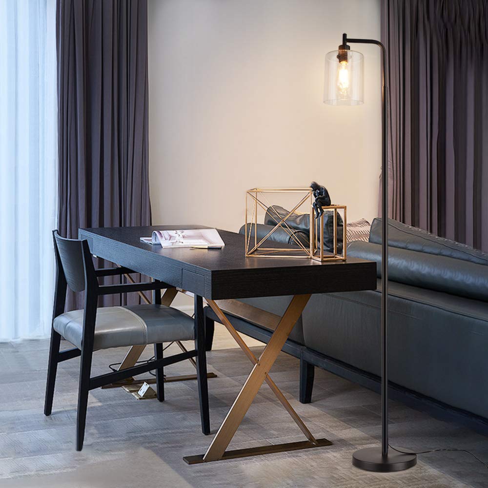 DLLT Industrial LED Floor Lamp with Clear Glass Shade - Tall Standing Light for Bedroom, Living Room & Office - Adjustable Reading Light with E26 Socket - Modern Black Pole Light for Home Decor & Workspace Lighting