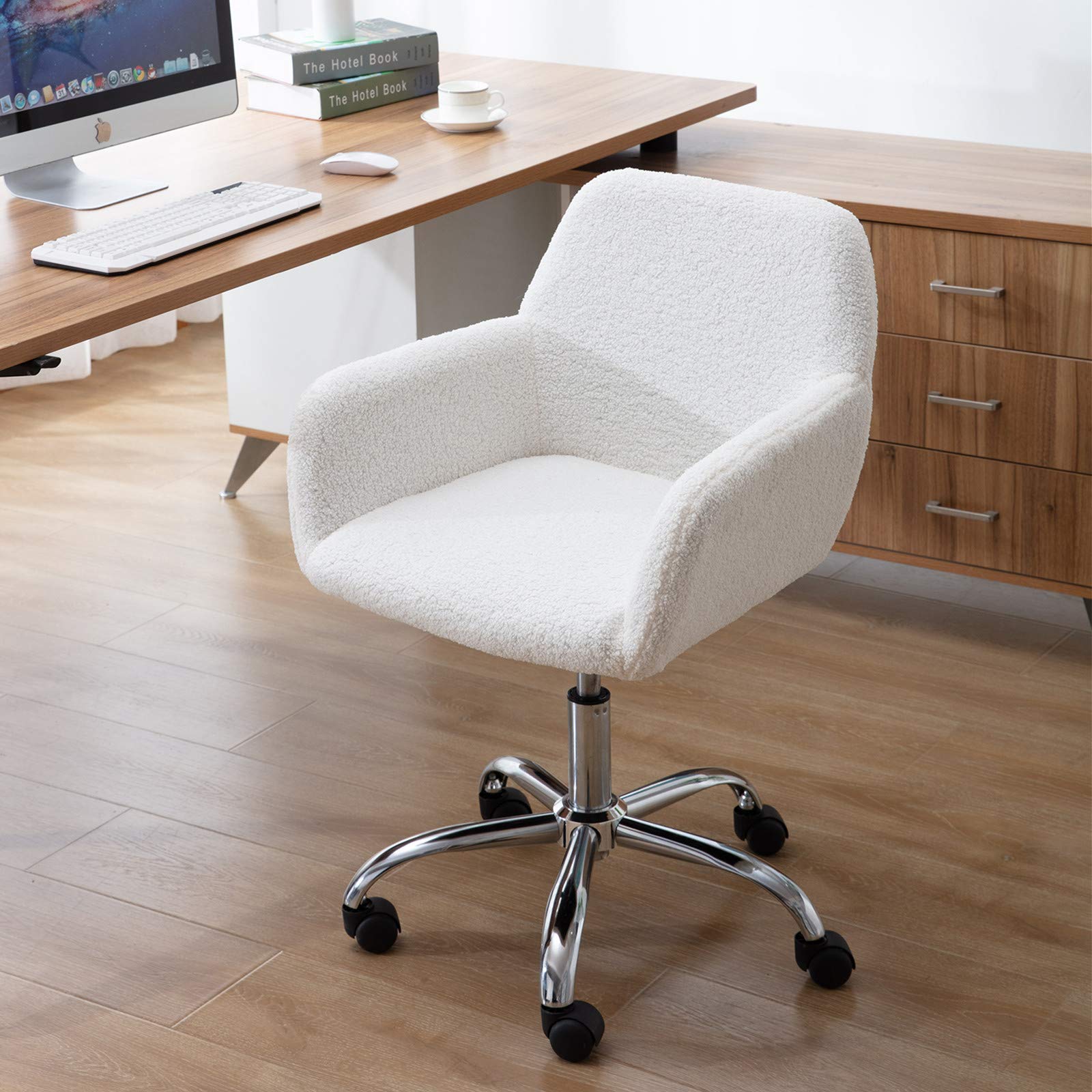 Stylish White Faux Fur Vanity Chair with Wheels - Soft Fluffy Makeup Desk Chair for Women & Girls, Comfortable Lounge Armchair for Bedroom, Living Room, Dressing Room - Perfect for Beauty Routines, Home Decor & Relaxation