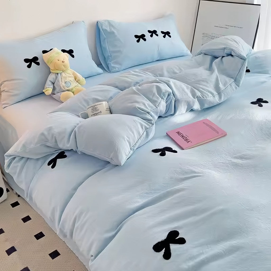 Elegant Embroidered Bow Coquette Bedding Set - Queen Size Floral Lace Duvet Cover & Pillowcases for Romantic Bedroom Decor