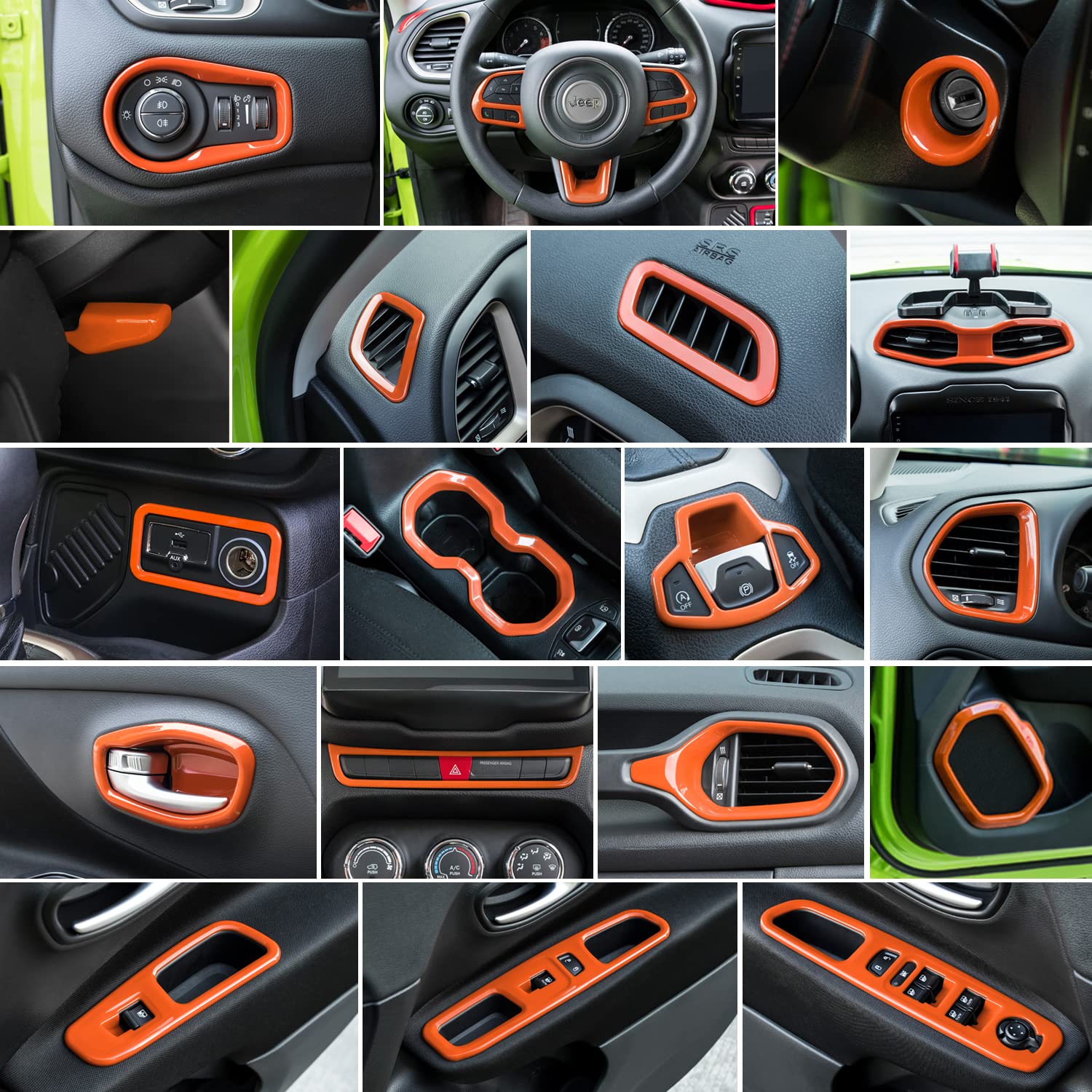 31-Piece Orange Car Interior Accessories Kit for Jeep Renegade - AC Vent Covers, Door Speaker Trims, Cup Holder Inserts & Headlight Switch Decor - Complete Vehicle Upgrade Set (Perfect for Off-Road Adventures & Daily Commutes)