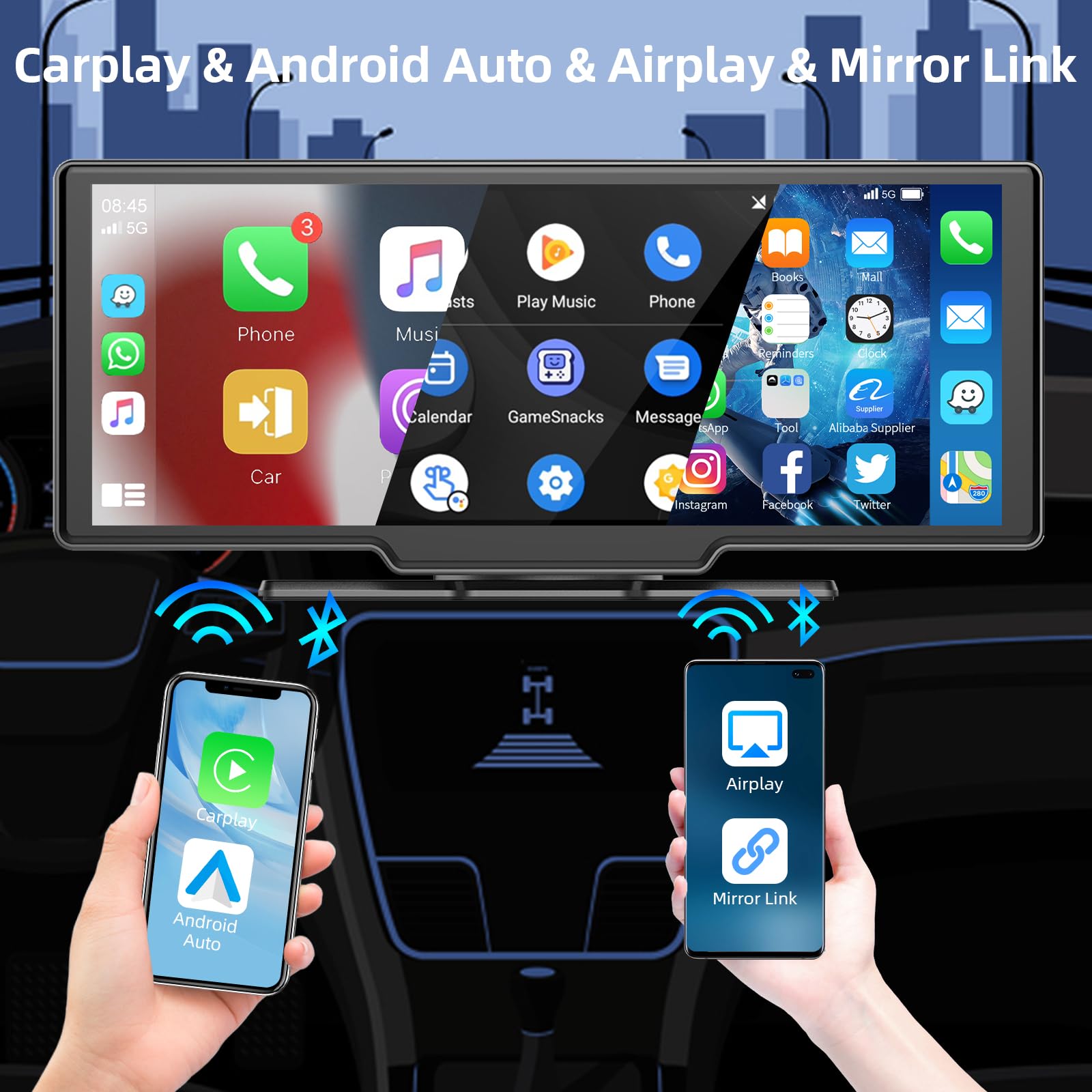 Hodozzy 9.3 Inch Wireless CarPlay & Android Auto Car Stereo with 2.5K Touchscreen, Portable Dash Cam, Bluetooth/FM/AUX/SD/Video Recording/Rear Camera - Perfect for Road Trips & Daily Commutes