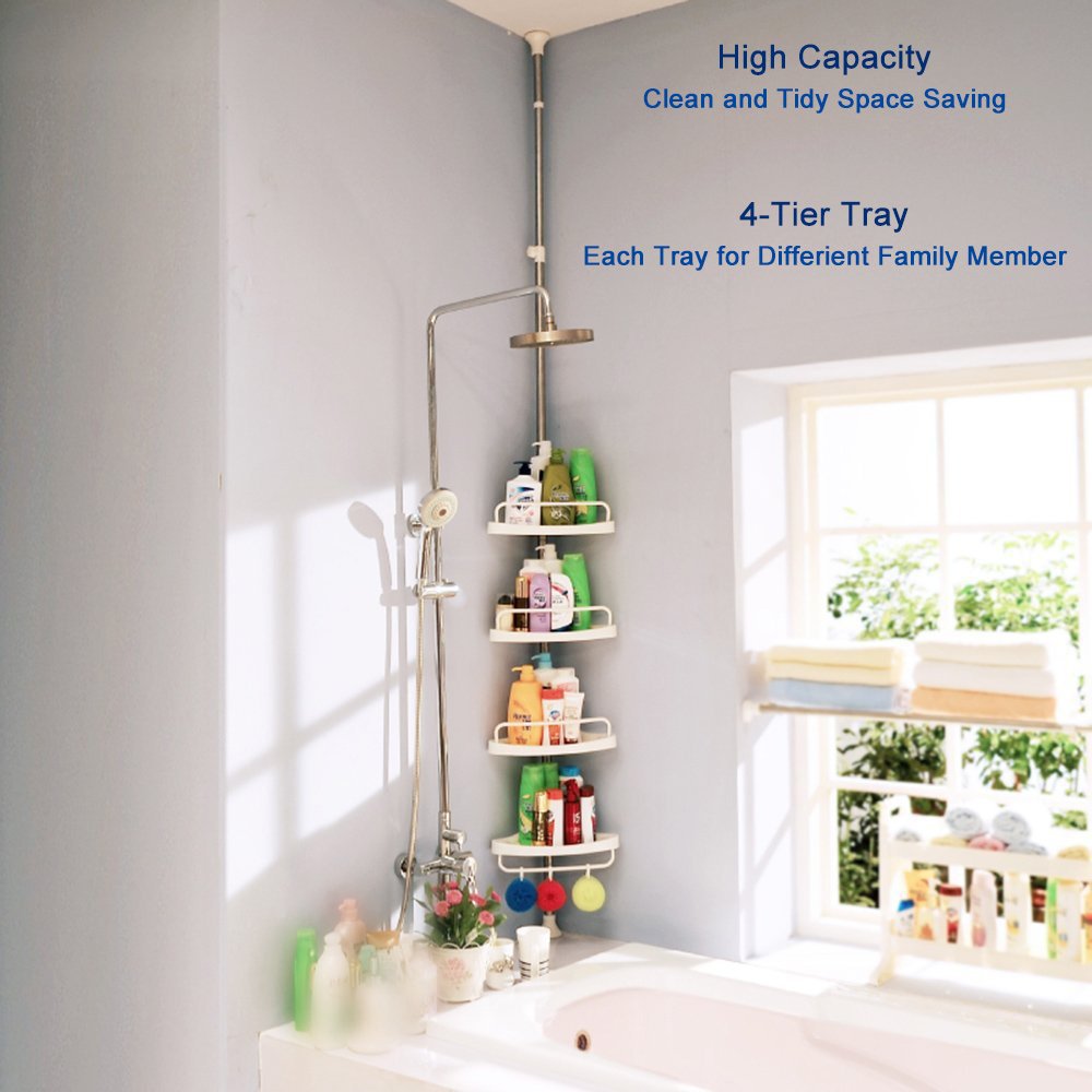 BAOYOUNI 4-Tier Adjustable Shower Caddy Tension Pole - Extendable Floor to Ceiling Bathroom Organizer with Corner Storage Shelf for Bathtub, Space Saving Ivory Stand | Perfect for Small Bathrooms, Apartment Showers & Spa-Like Organization