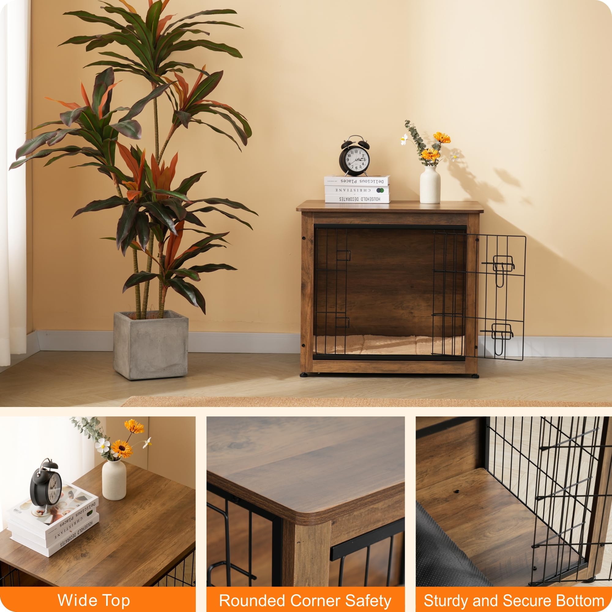 DWANTON Wooden Dog Crate Furniture with Cushion - Indoor Dog Kennel Table with Double Doors - Pet House for Small Medium Large Dogs (27.2