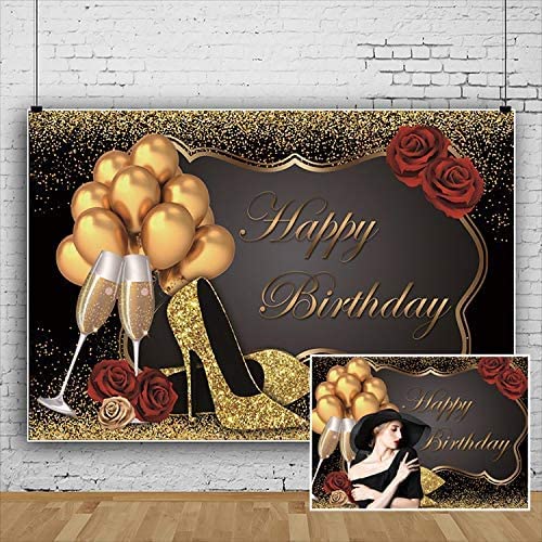 Yeele 6x4ft Black Gold Glitter Birthday Backdrop with Golden Balloons, Sequin High Heels & Champagne - Elegant Red Rose Photography Background for Women's Birthday Parties, Baby Showers & Photo Booth Decorations