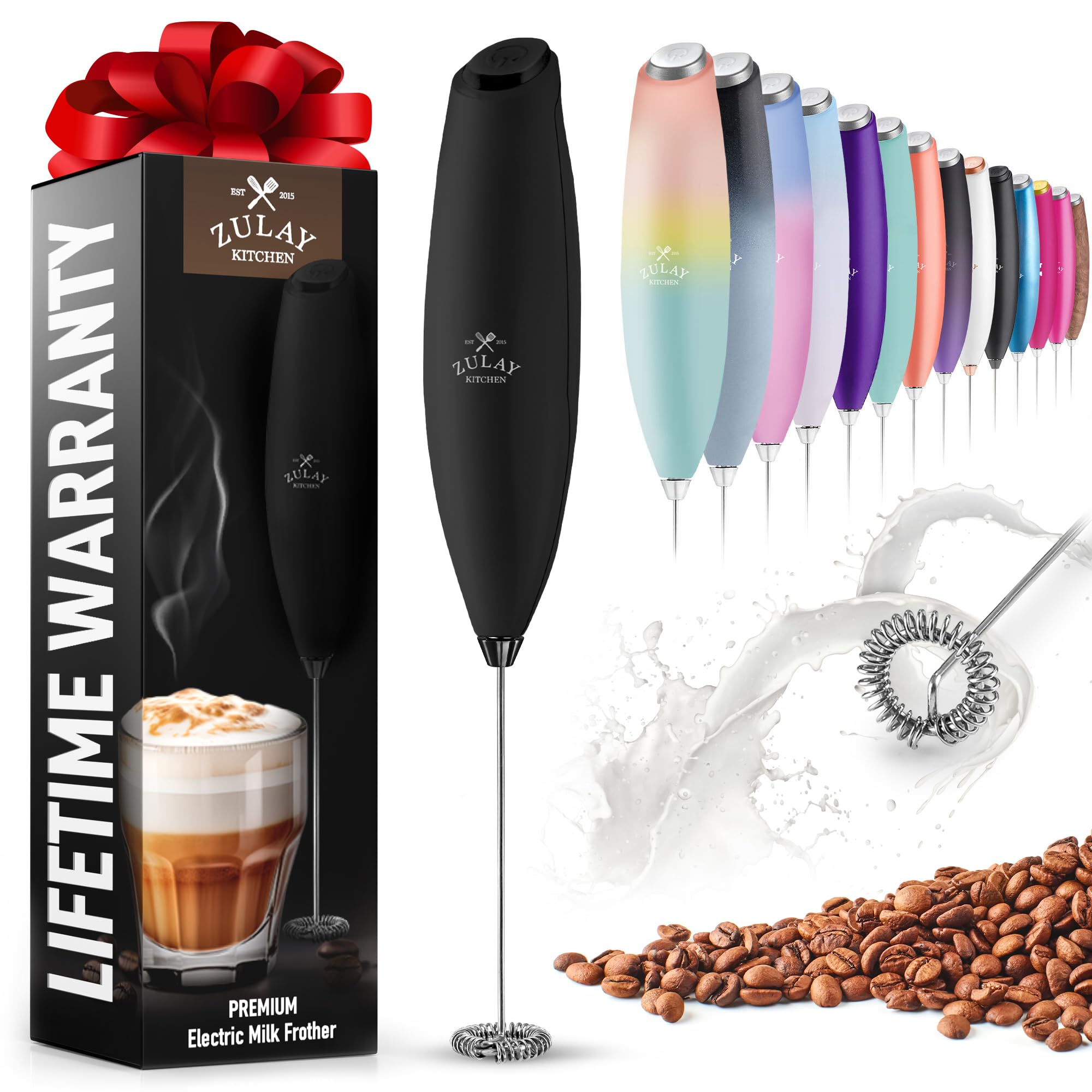 Zulay Powerful Electric Milk Frother for Coffee & Matcha - Upgraded Titanium Motor Handheld Frother, Mini Mixer & Whisk for Lattes, Cappuccinos, Hot Chocolate & Smoothies - Compact & Stand-Free Design (Black)